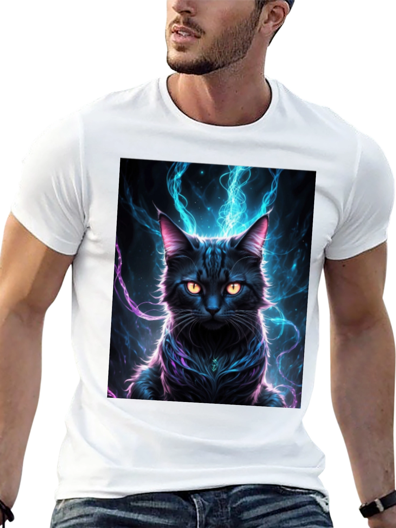 Mystic Feline T-Shirt: Black Cat with Electric Aura Design - 13