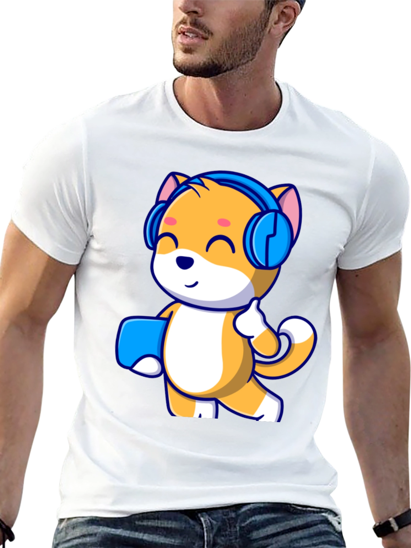 Black Cute Cartoon Cat with Headphones Black T-Shirt view 13