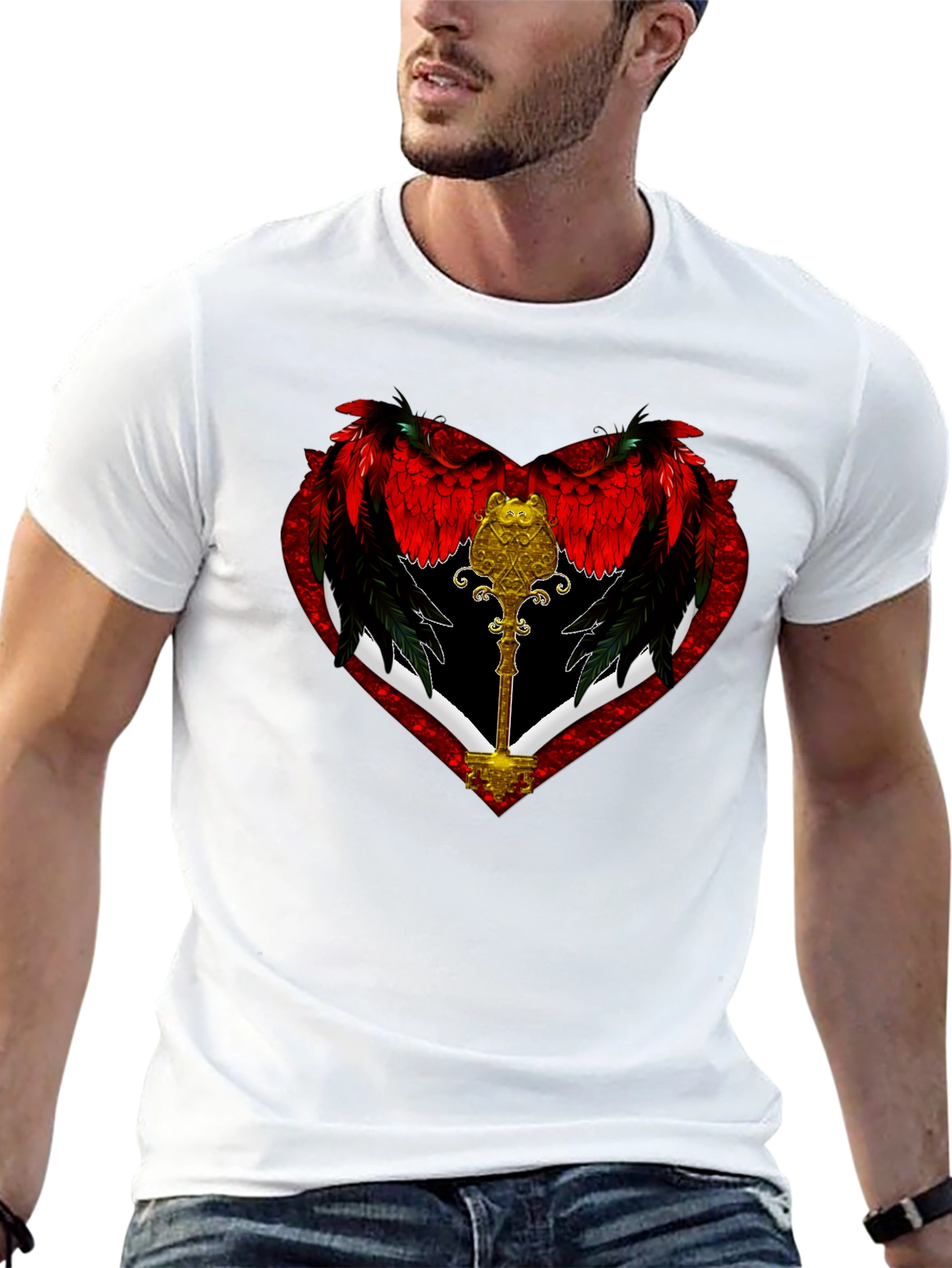 Black Winged Heart Key Graphic Black T-Shirt view 13