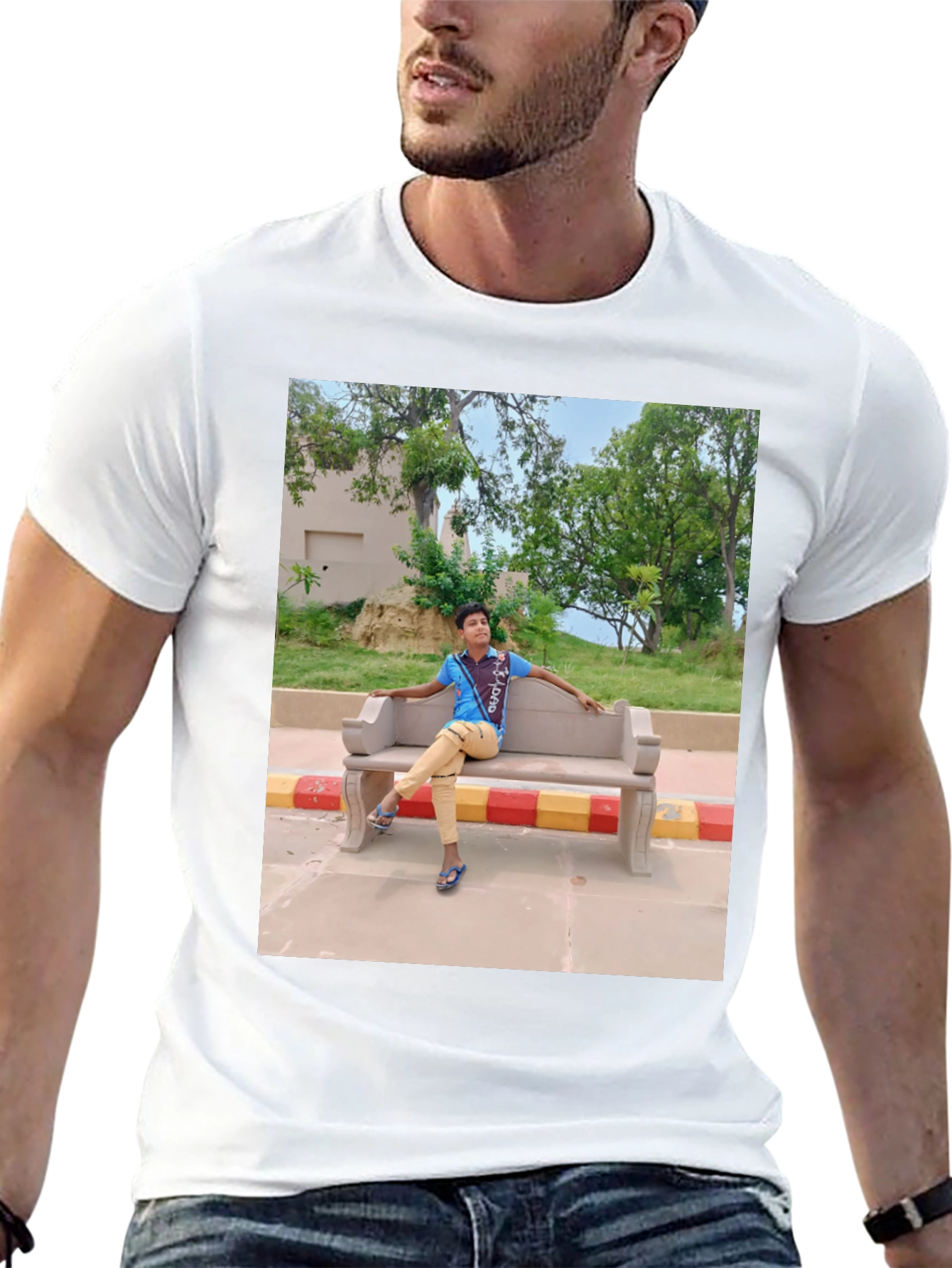 Black Black T-Shirt with Picture of Boy on Bench view 13