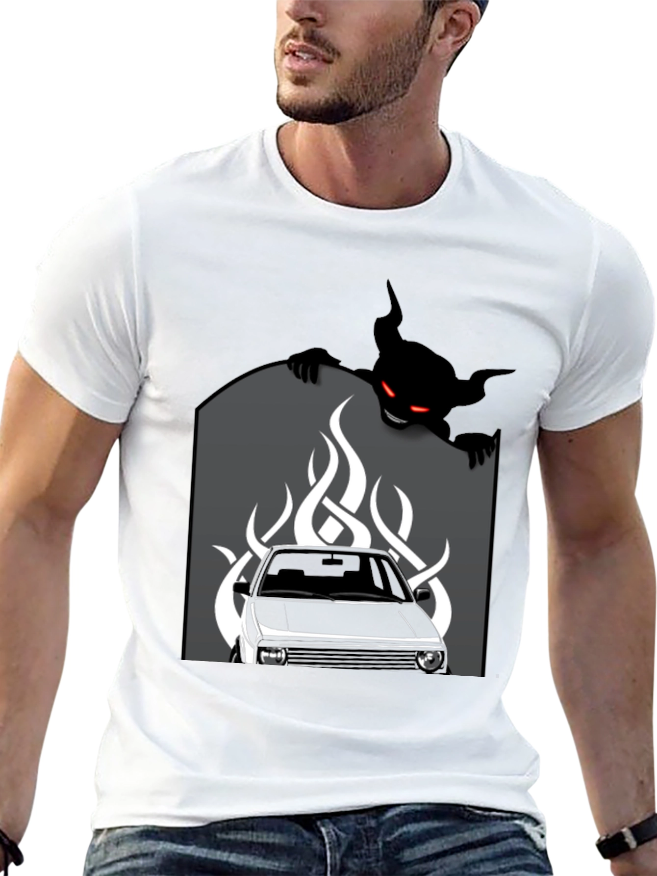 Black Men's Black Graphic Tee - Car and Devil Design view 13