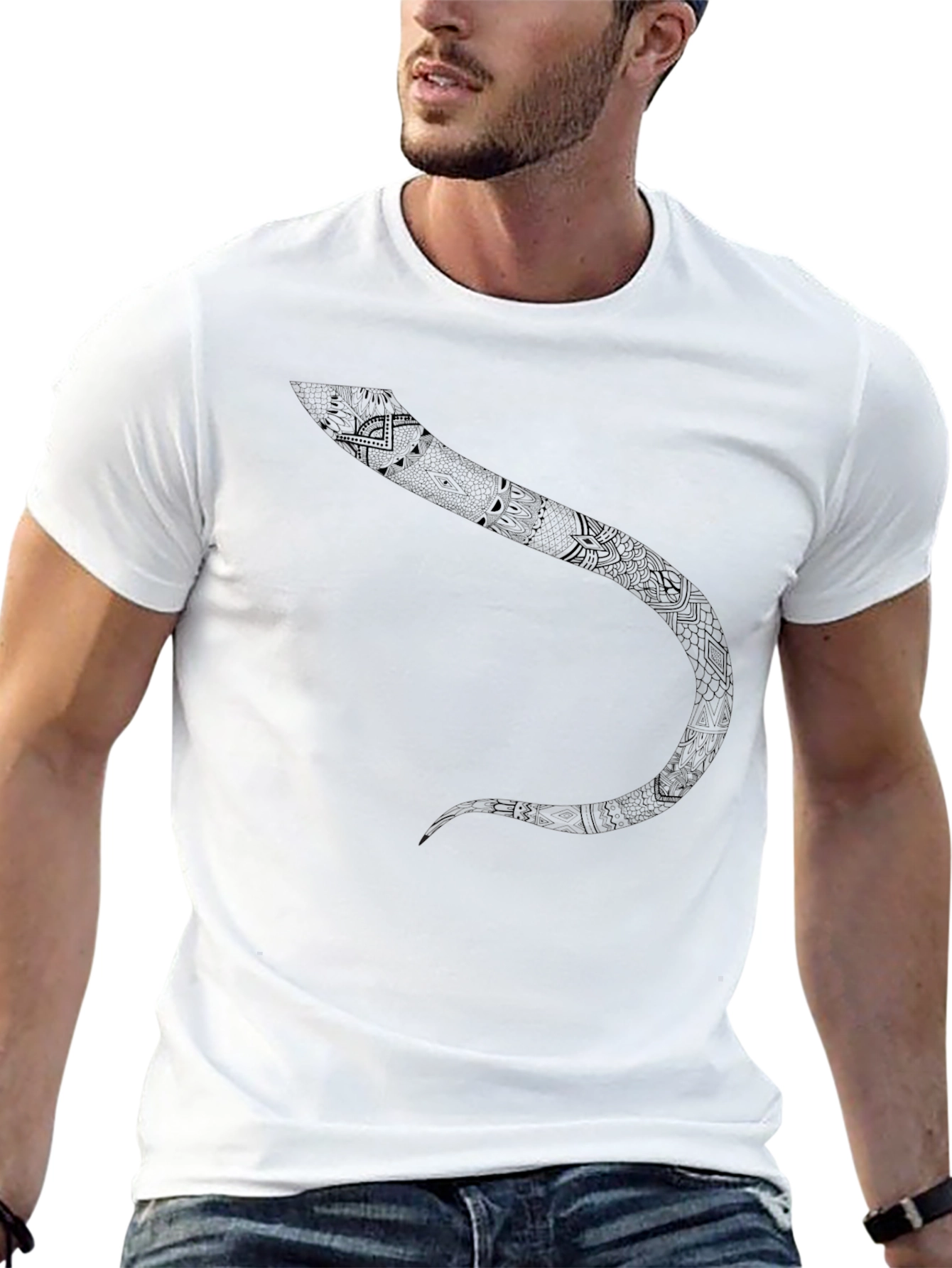 Black Tribal Snake Graphic Black T-Shirt view 13