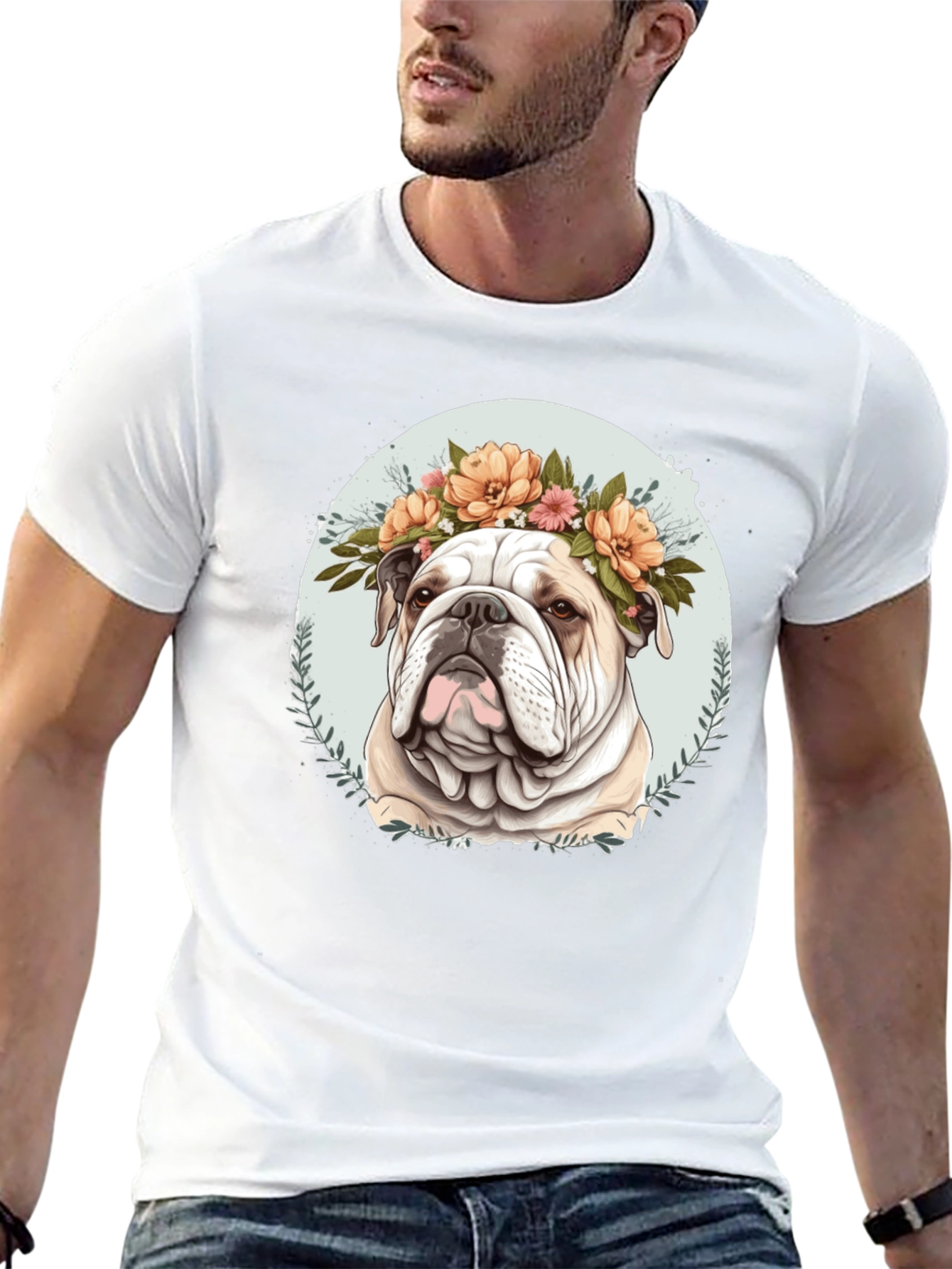 Black Bulldog Floral Crown Black T-Shirt view 13