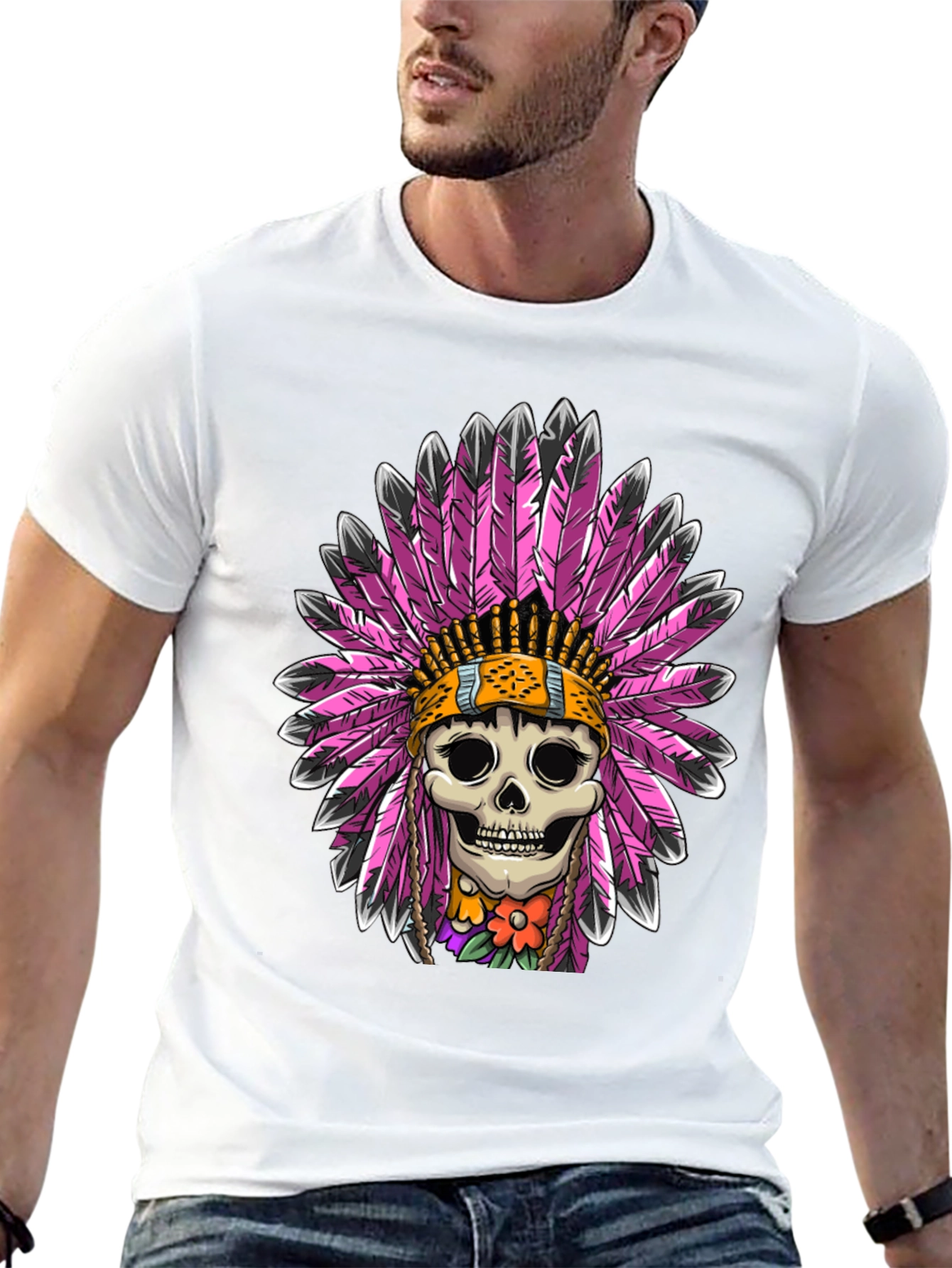 Black Skull Chief Feather Headdress T-Shirt view 13