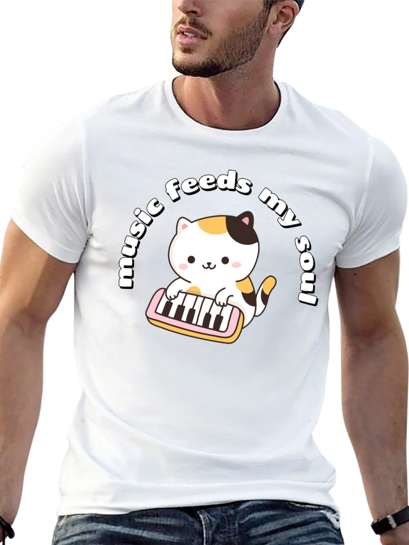 Black Music Feeds My Soul Cat Playing Keyboard Black T-Shirt view 13
