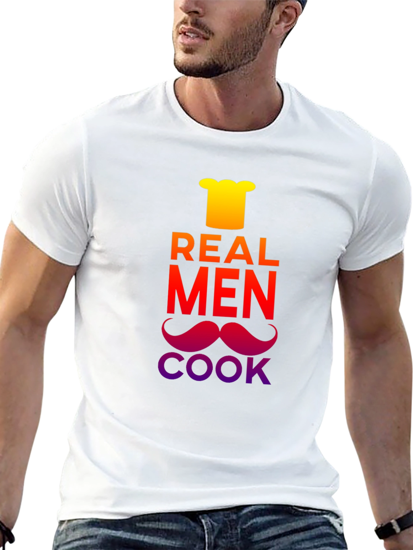 Black Real Men Cook T-Shirt - Chef's Hat & Moustache Design view 13