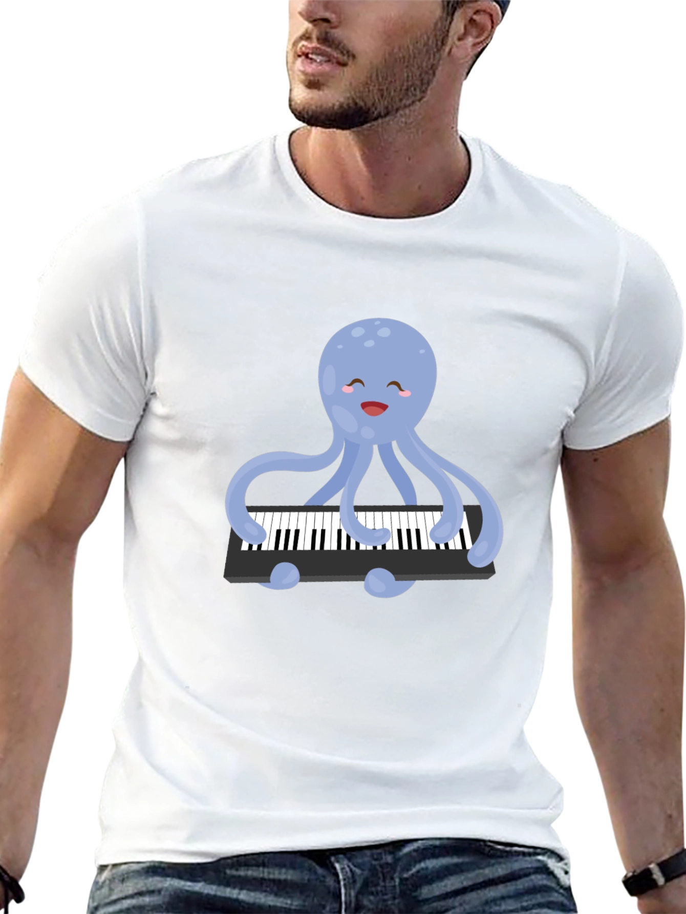 Black Octopus Playing Piano T-Shirt - Unique Design! view 13