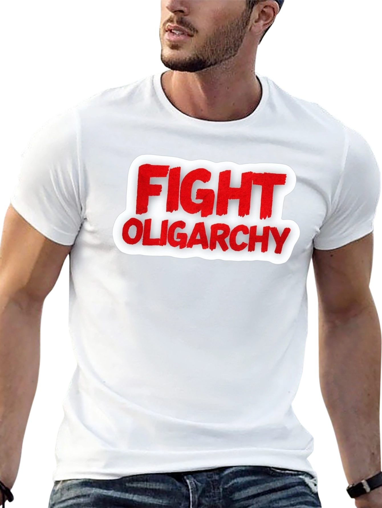 Black Fight Oligarchy T-Shirt - Red and White Graphic Tee view 13