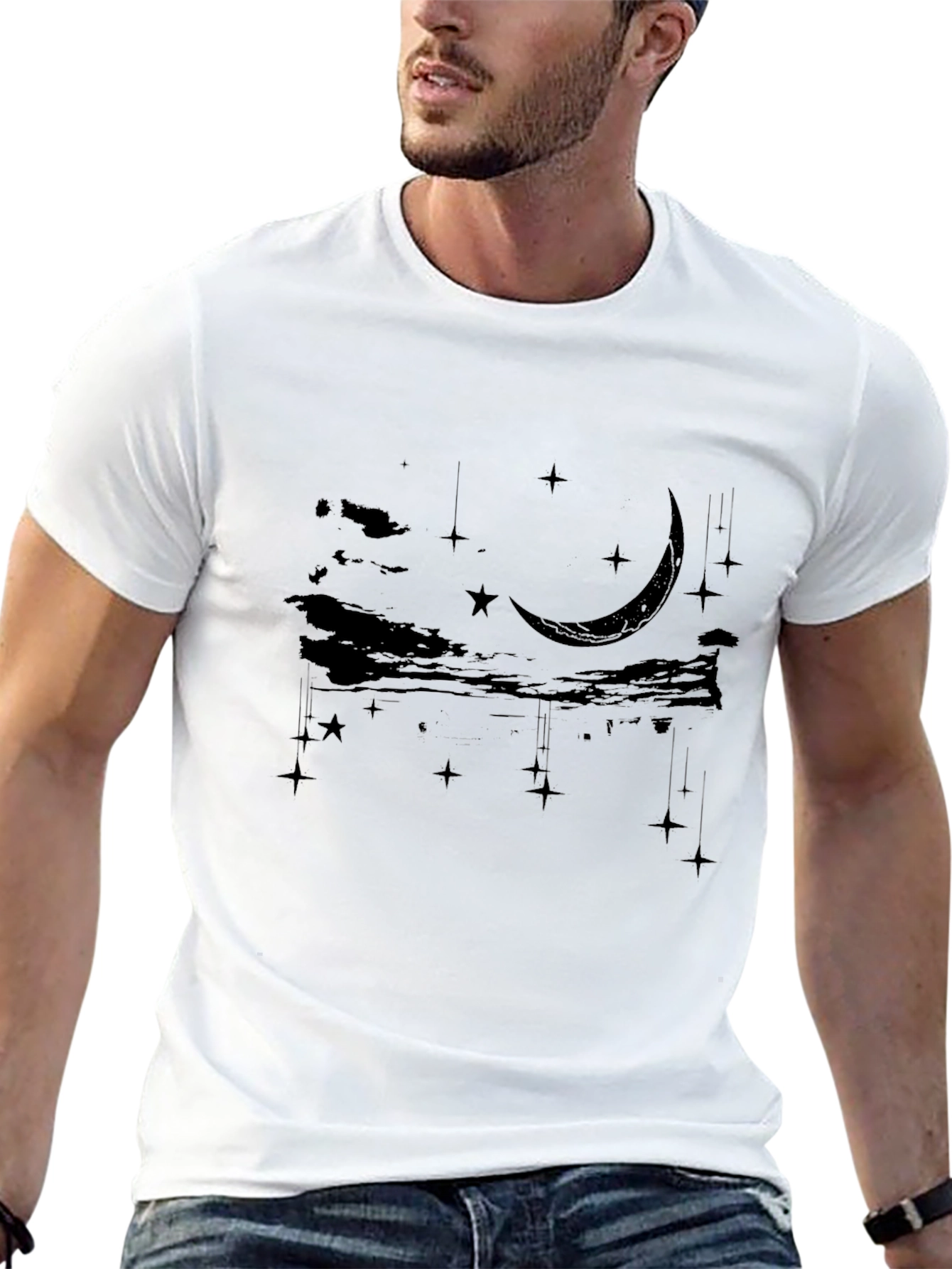 Black Celestial Crescent Moon Graphic Tee - Black Cotton Blend view 13