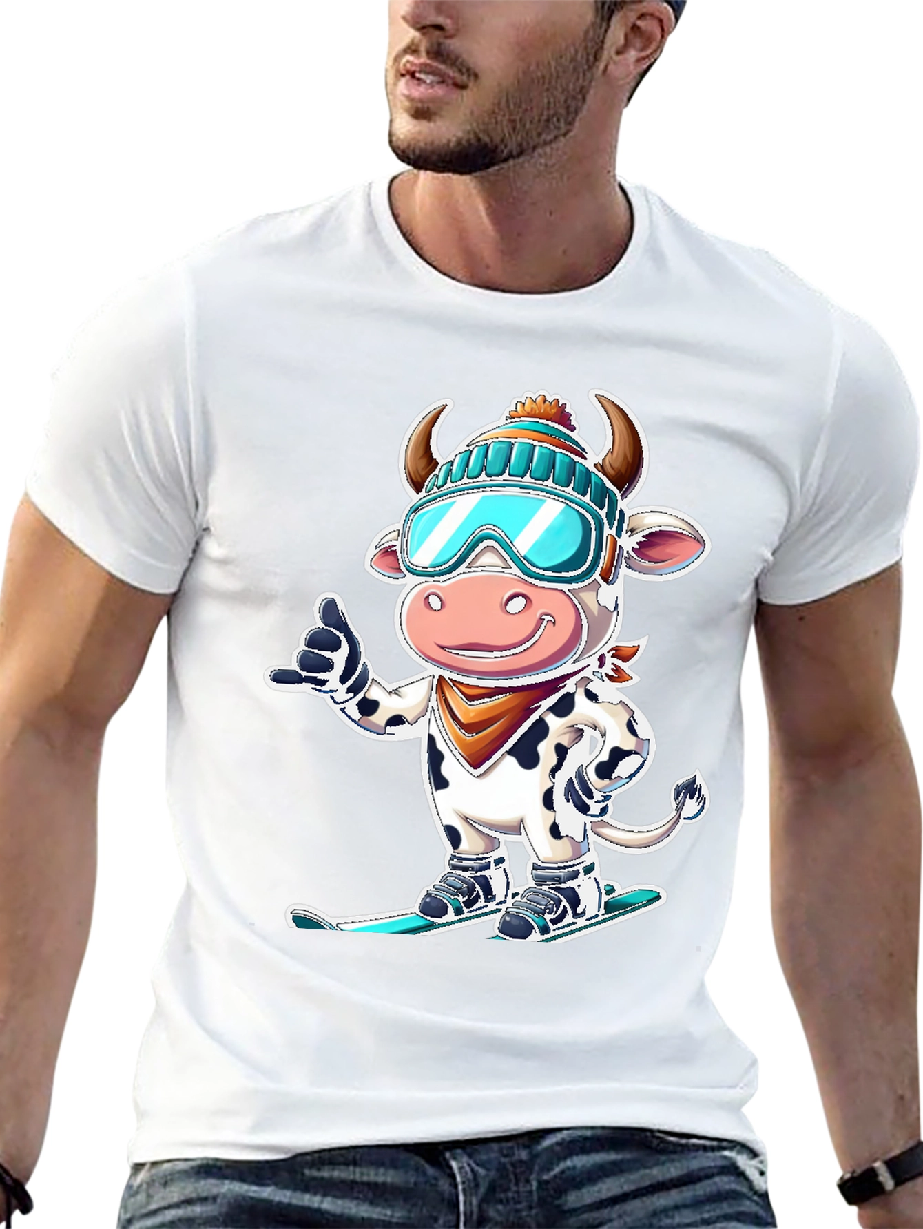 Black Skiing Cow Graphic Tee - Fun Winter T-Shirt view 13
