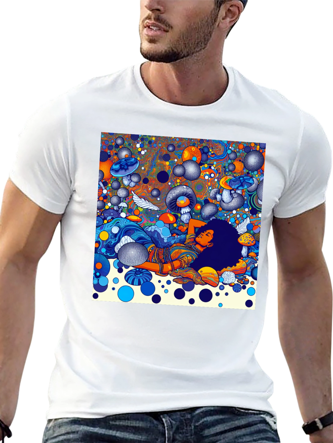 Black Psychedelic Dream T-Shirt - Colorful Mushroom Scene view 13