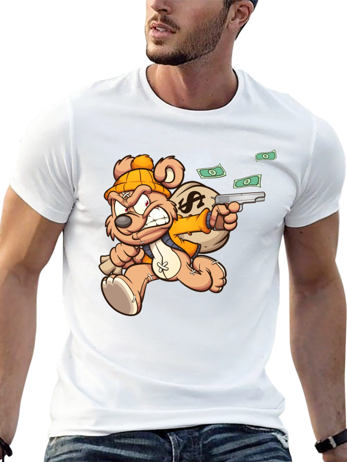 Black Cartoon Teddy Bear with Gun T-Shirt view 13