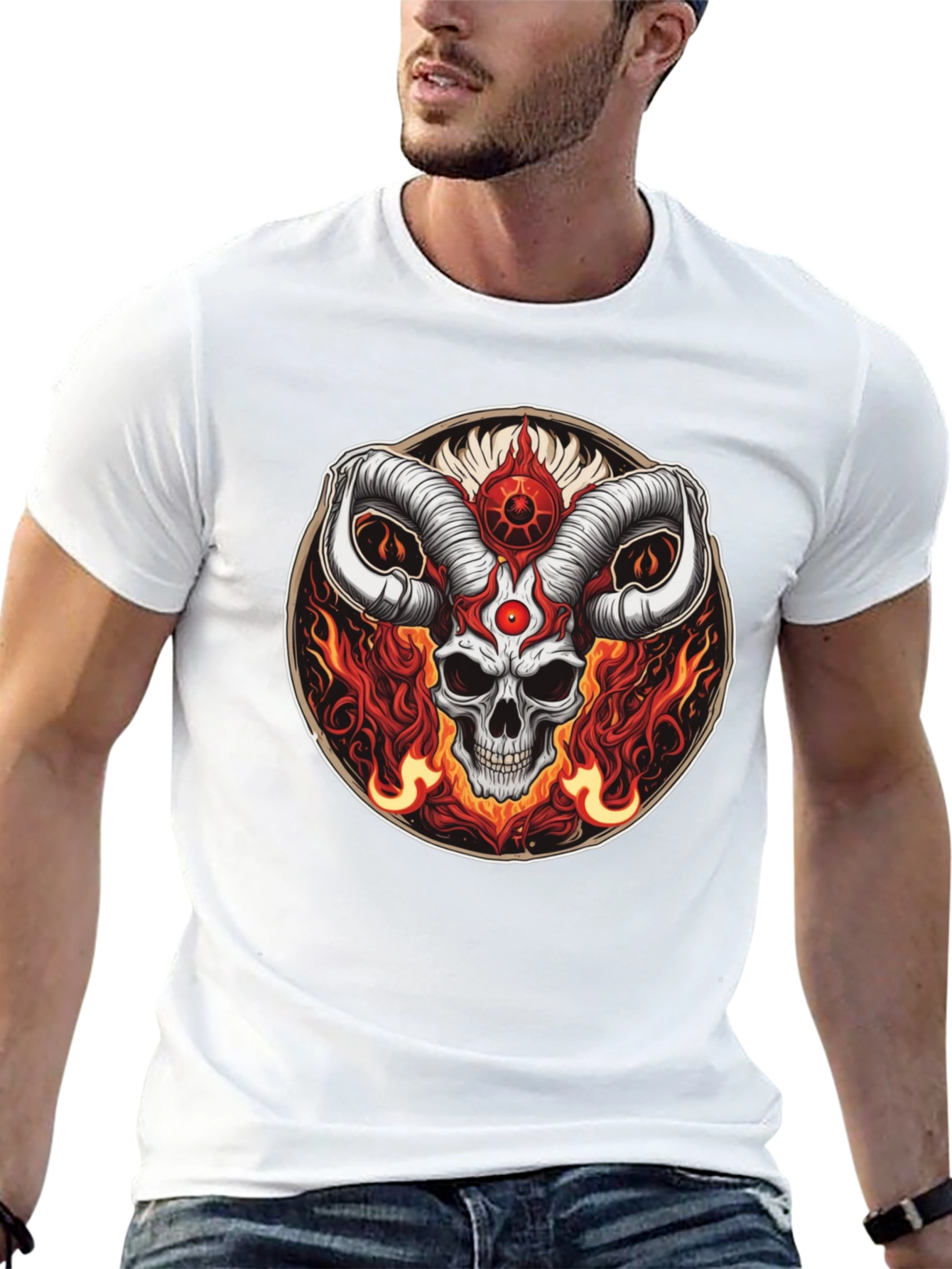 Black Skull Horns Fire Graphic Tee - Black Cotton Shirt view 13