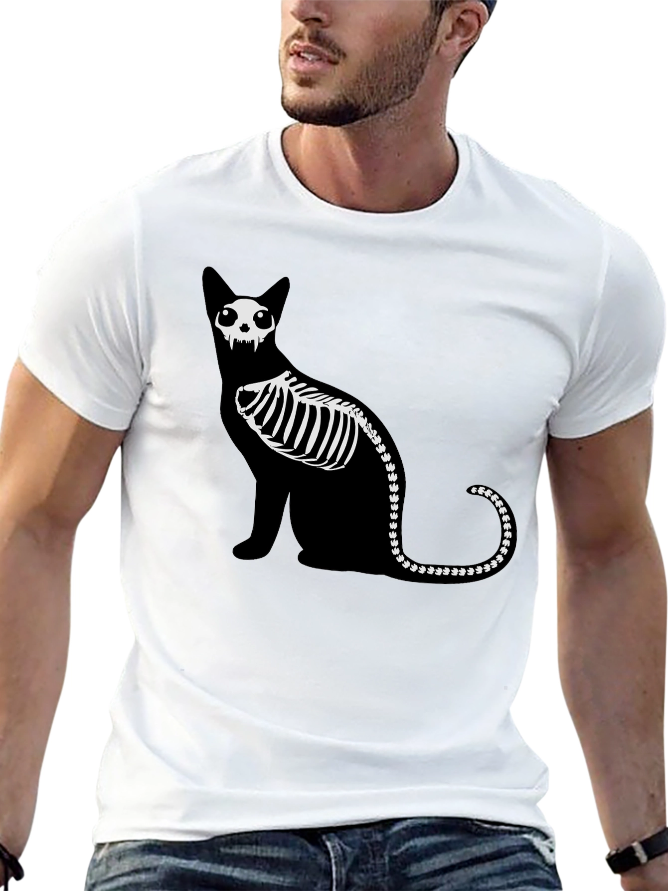 Black Skeleton Cat Graphic Tee - Black Cotton Shirt view 13