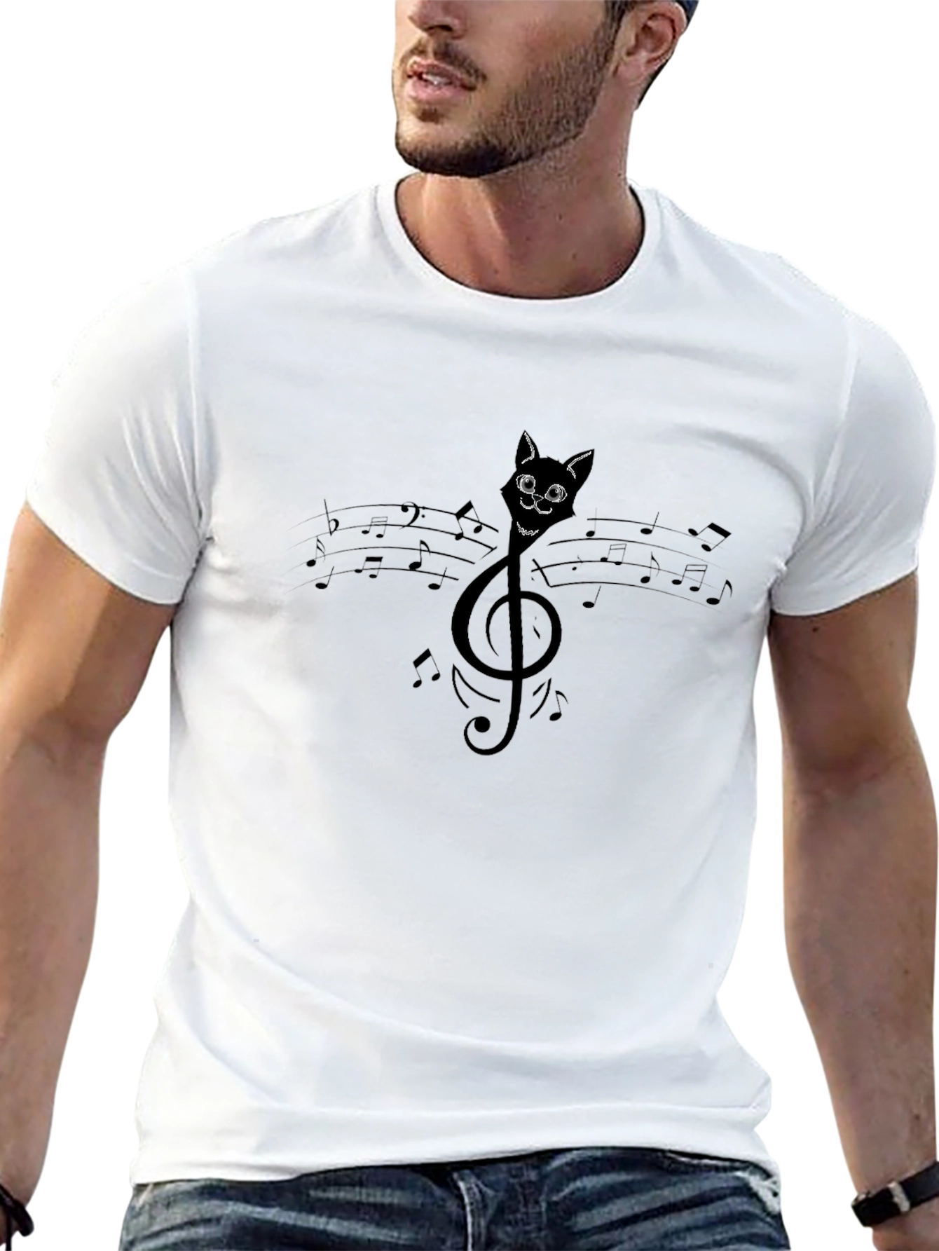 Black Musical Cat T-Shirt - Treble Clef Cat view 13