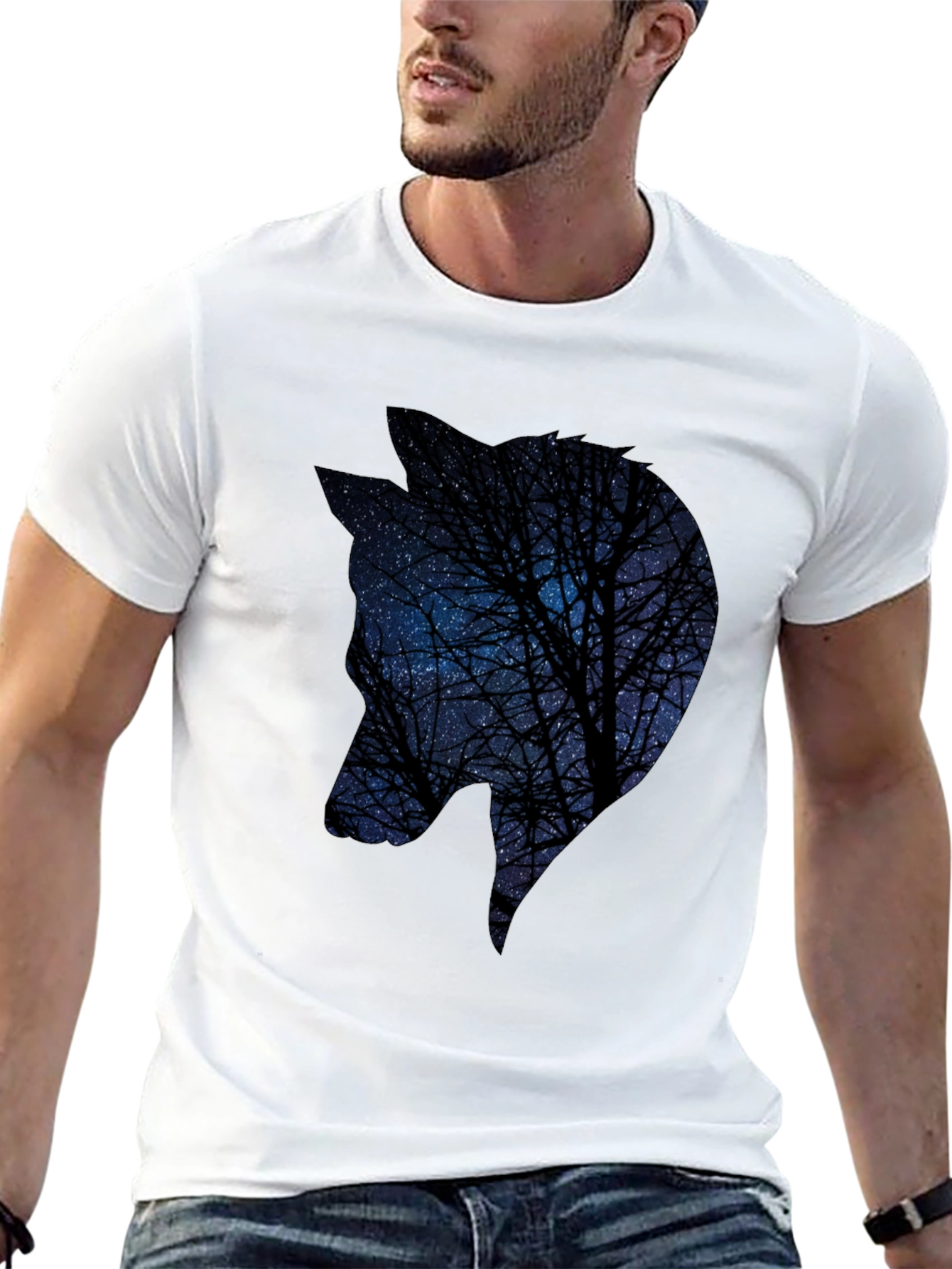 Black Night Sky Wolf Graphic Tee - Black Cotton Blend view 13