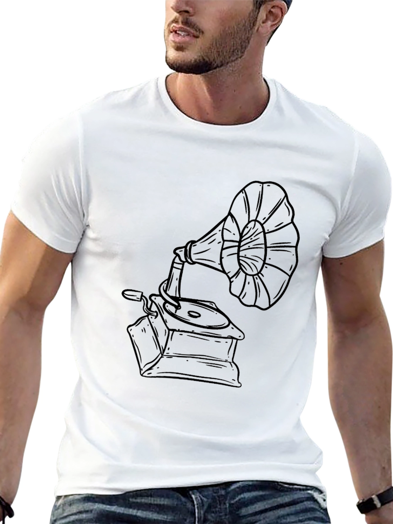 Black Vintage Gramophone Graphic Tee - Retro Style view 13