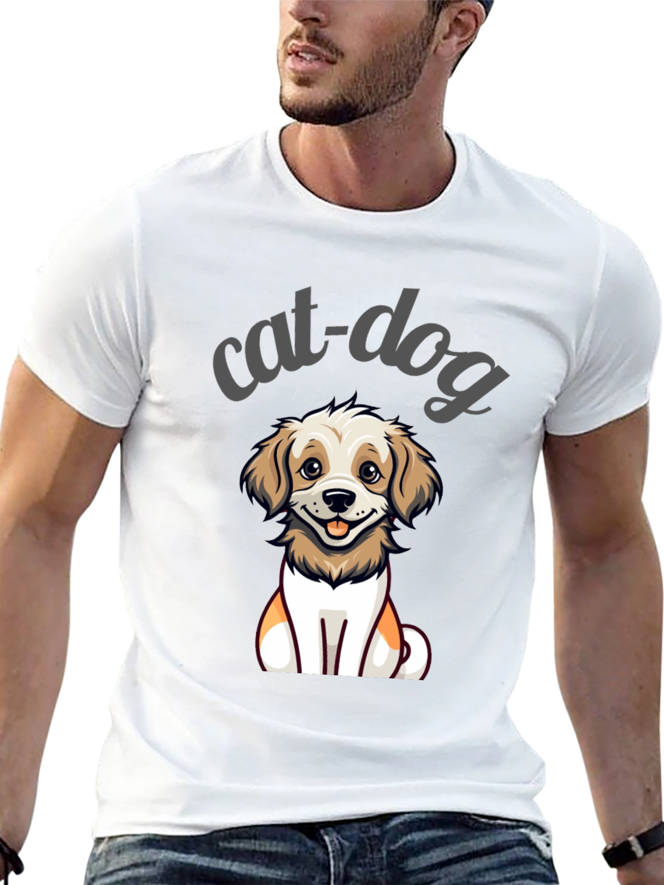 Black Cute Cat-Dog Cartoon Graphic Tee - Unisex Black T-Shirt view 13