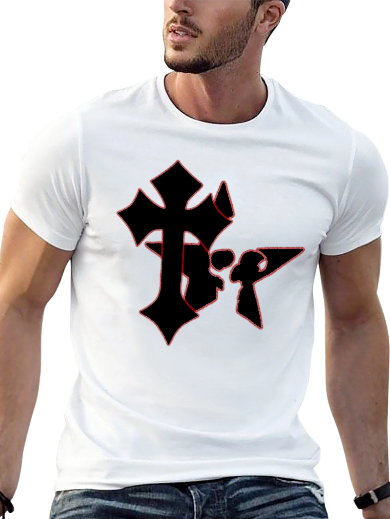 Black Edgy Gothic Cross Graphic Tee - Black Cotton Blend view 13