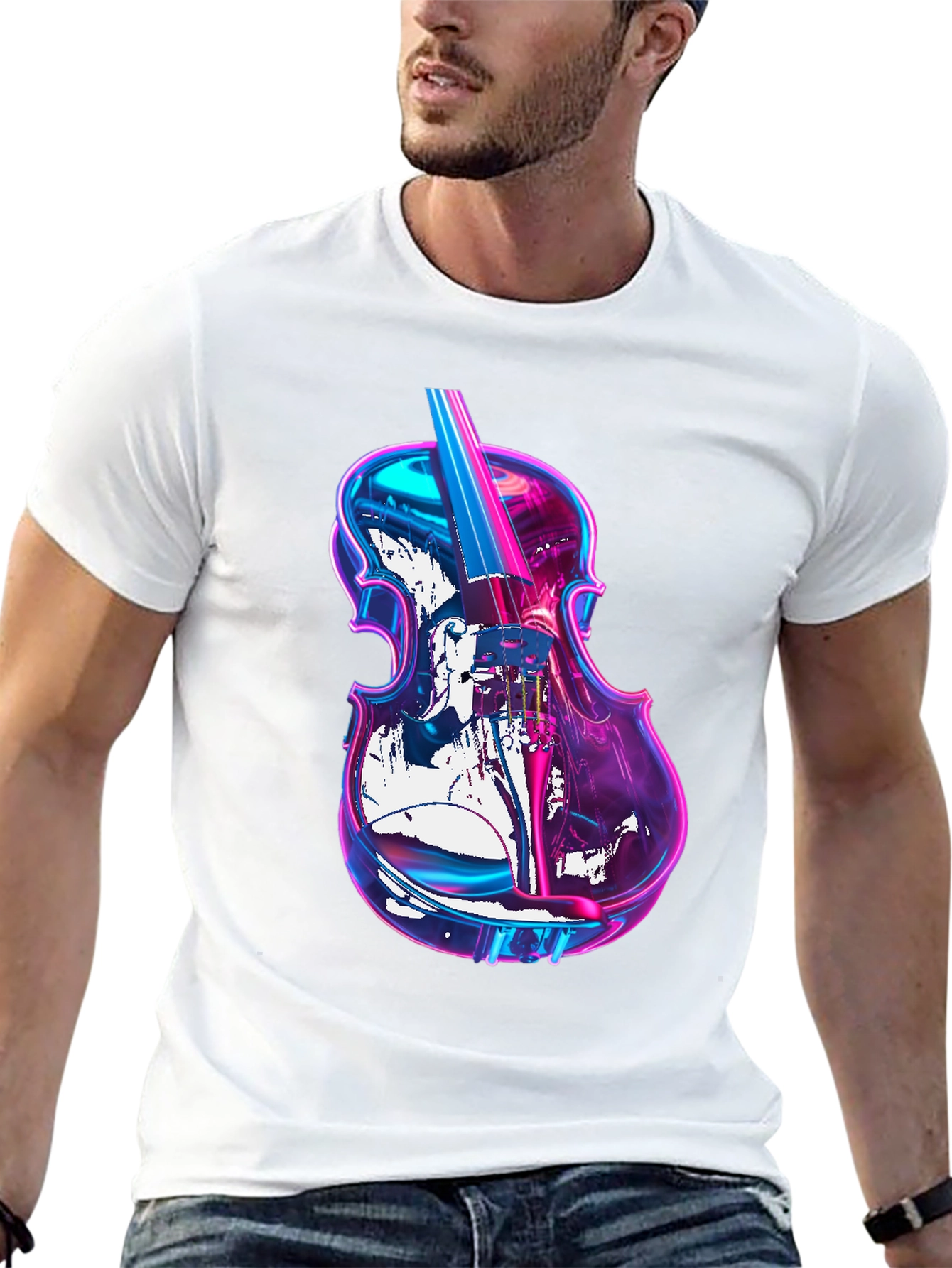 Black Vibrant Neon Violin Graphic Black T-Shirt view 13