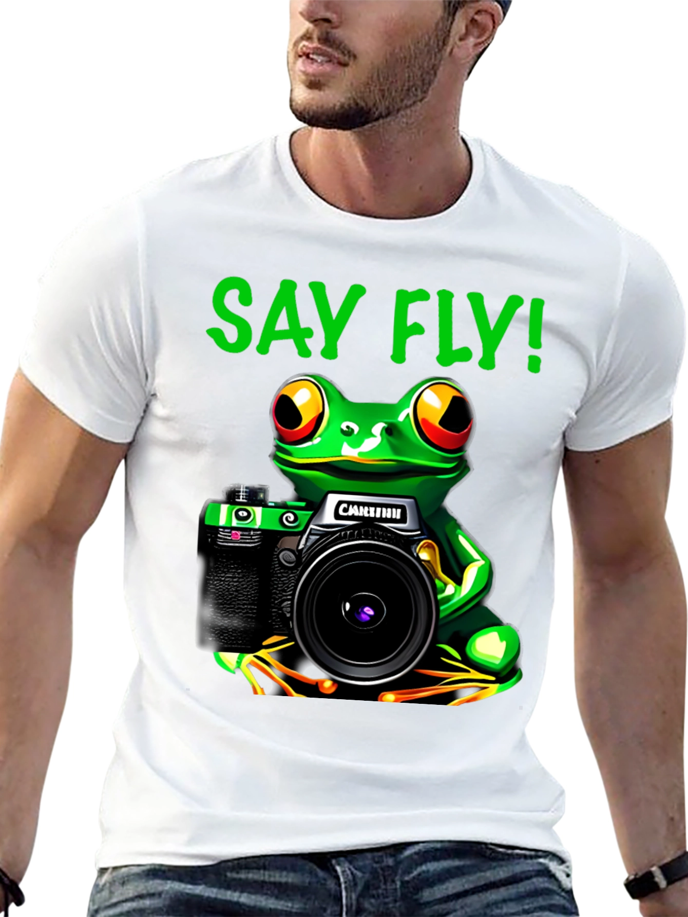 Black Frog Photographer T-Shirt - Say Fly! Black Cotton Tee view 13