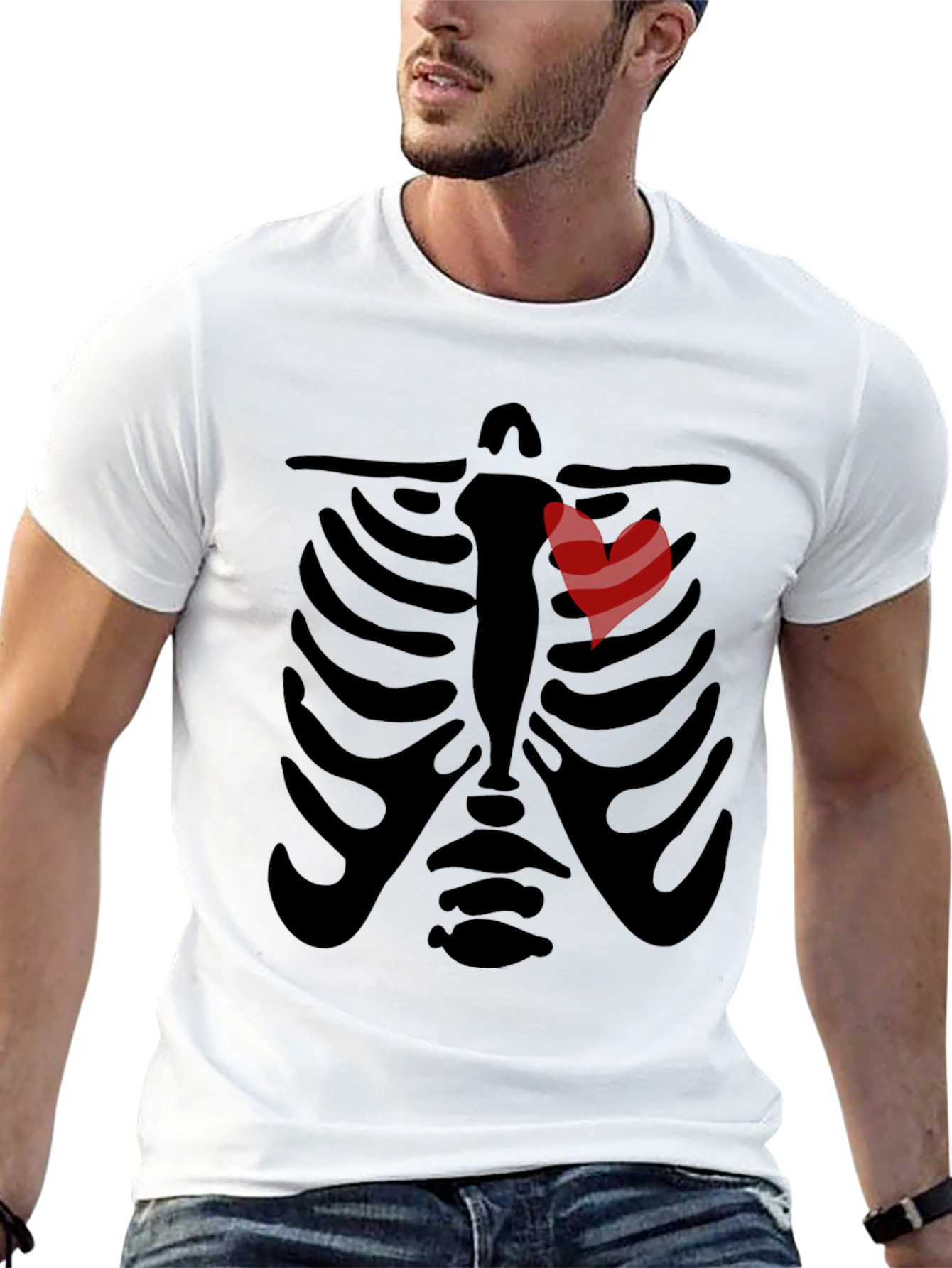 Black Rib Cage Heart Graphic Tee - Unique Skeleton Halloween Shirt view 13