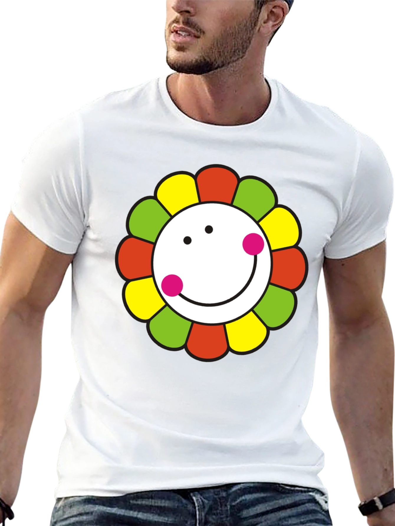 Black Smiley Flower Graphic T-Shirt - Black Cotton Tee view 13