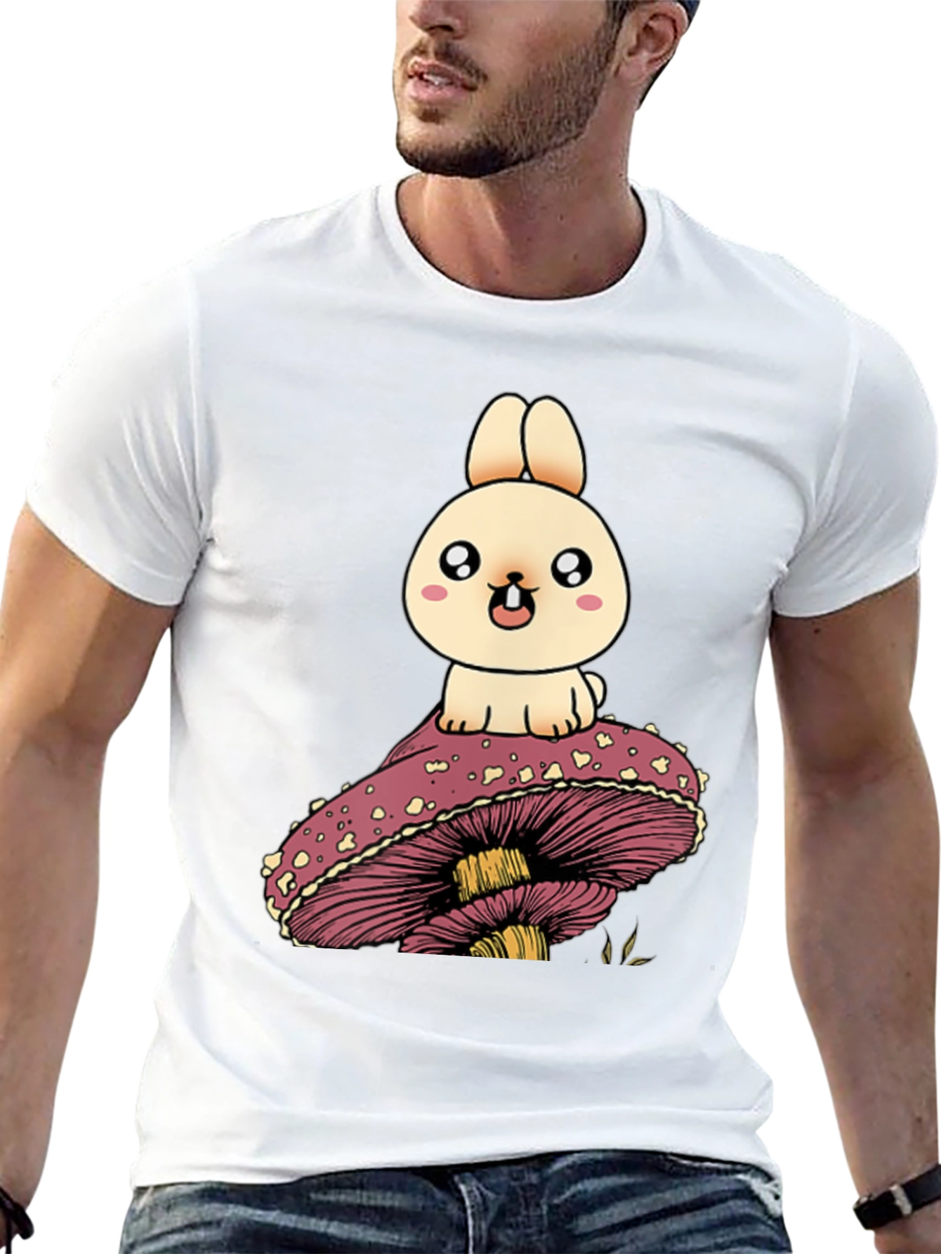 Black Cute Bunny on Mushroom Graphic T-Shirt view 13