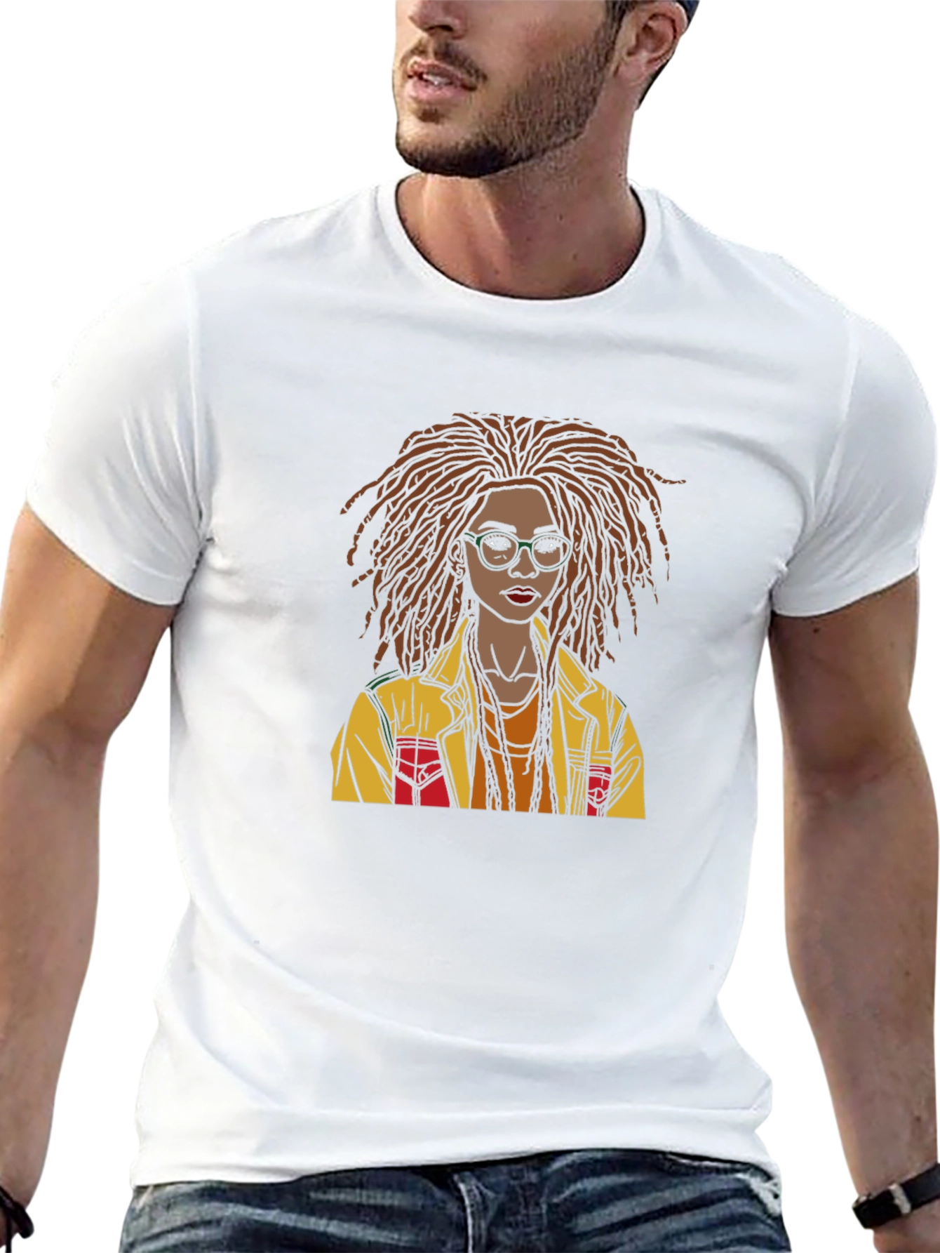 Black Stylish Graphic T-Shirt - Woman with Dreadlocks Art view 13