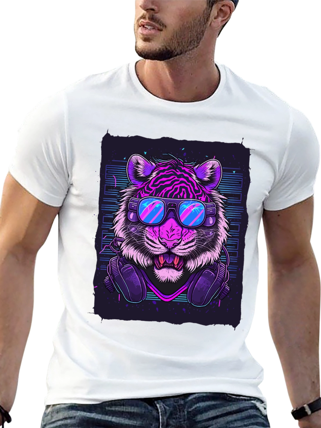 Black Neon Tiger Graphic Tee - Cool Animal Print T-Shirt view 13