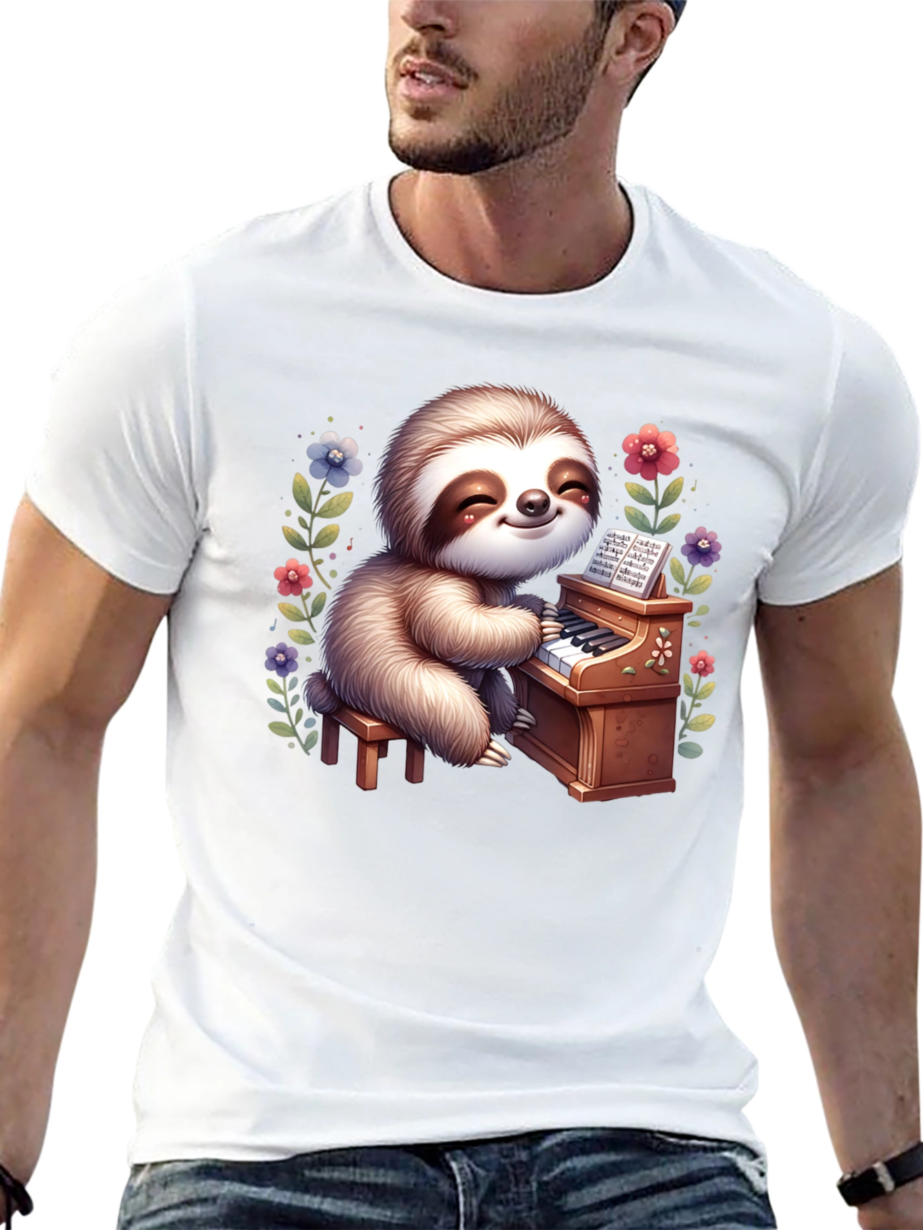 Black Sloth Pianist Graphic Tee - Cute & Unique! view 13