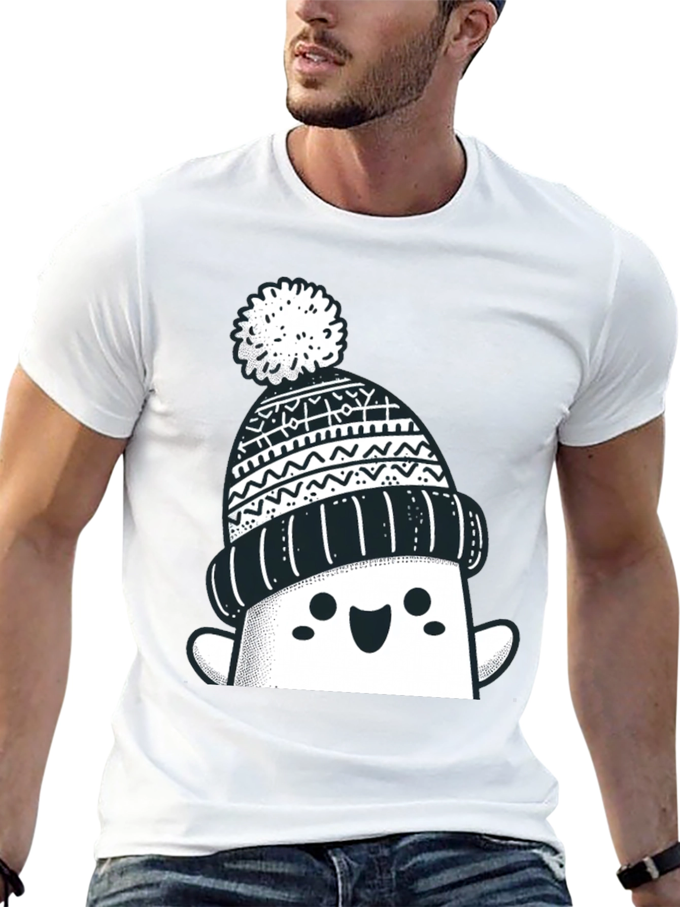 Black Festive Graphic Tee - Winter Hat Design view 13
