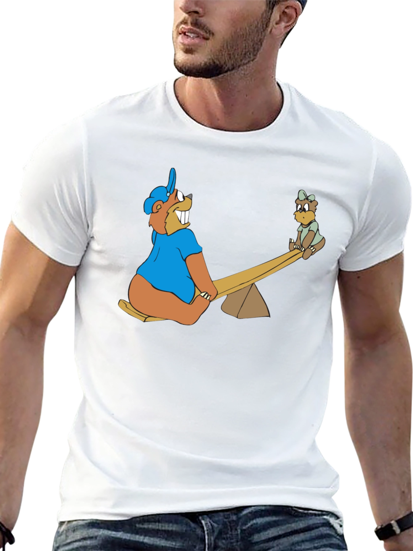 Black Cartoon Beaver See-Saw Black T-Shirt view 13