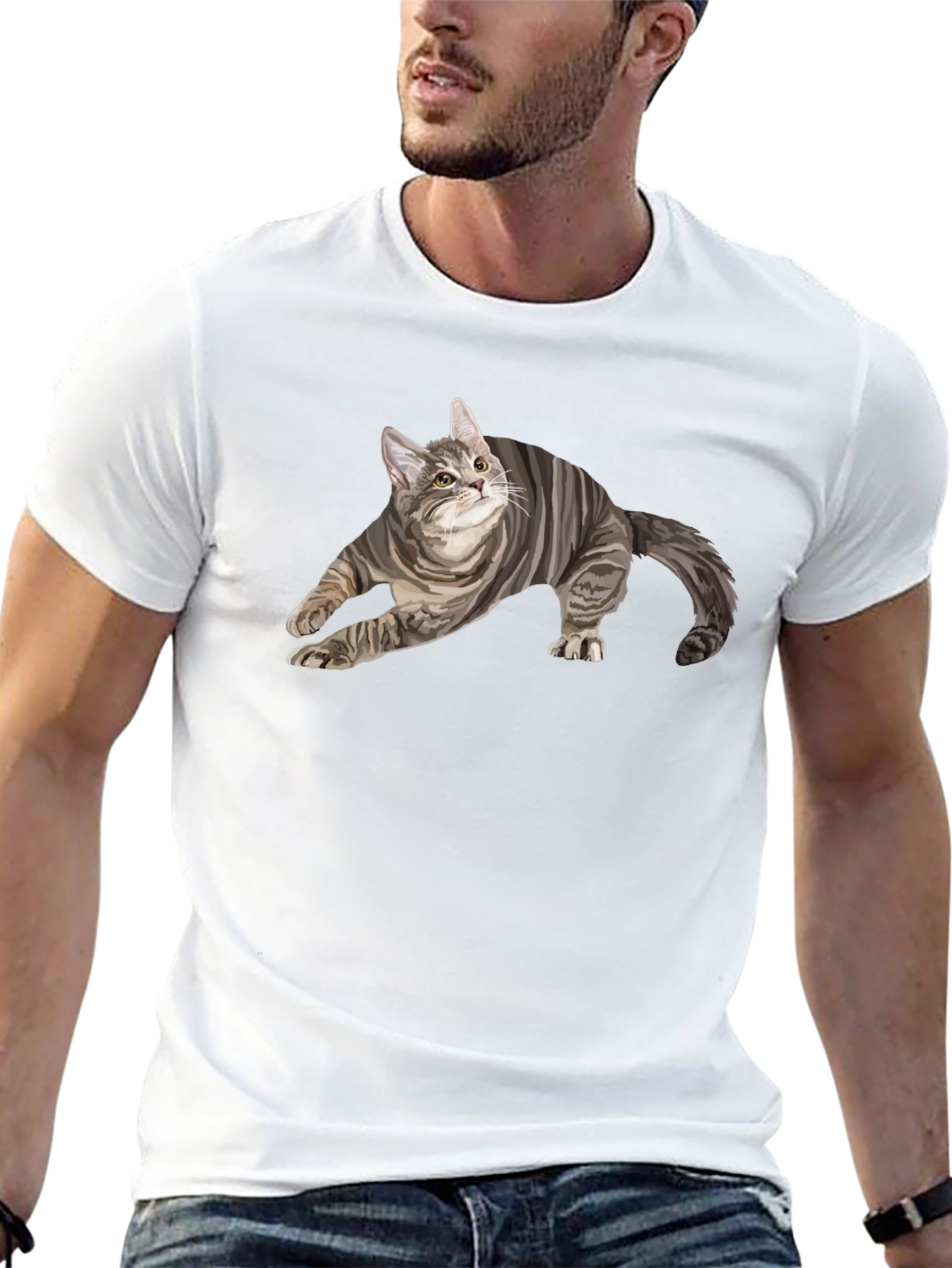 Black Men's Black T-Shirt with Cat Graphic view 13