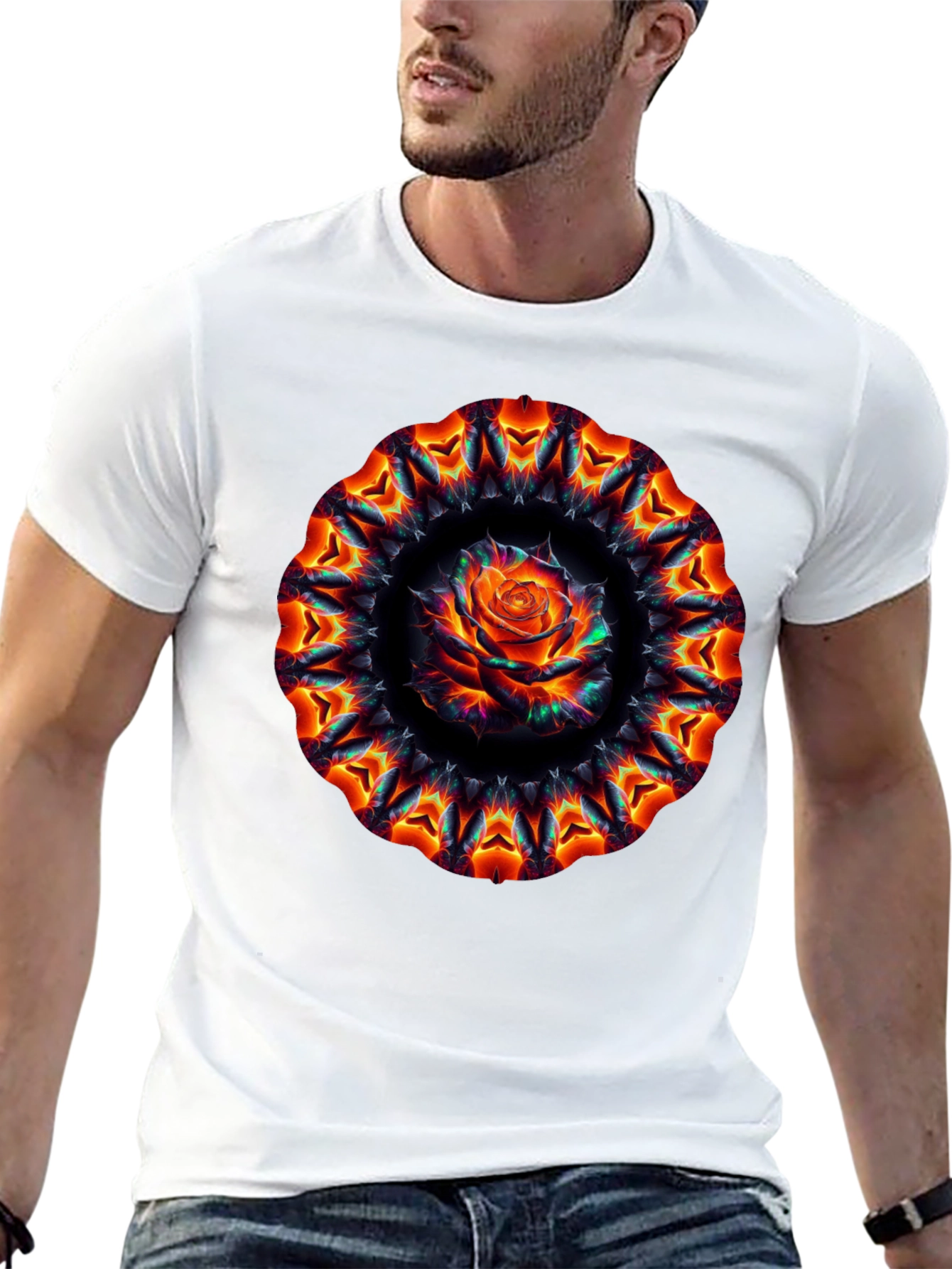 Black Fiery Rose Mandala Black T-Shirt view 13