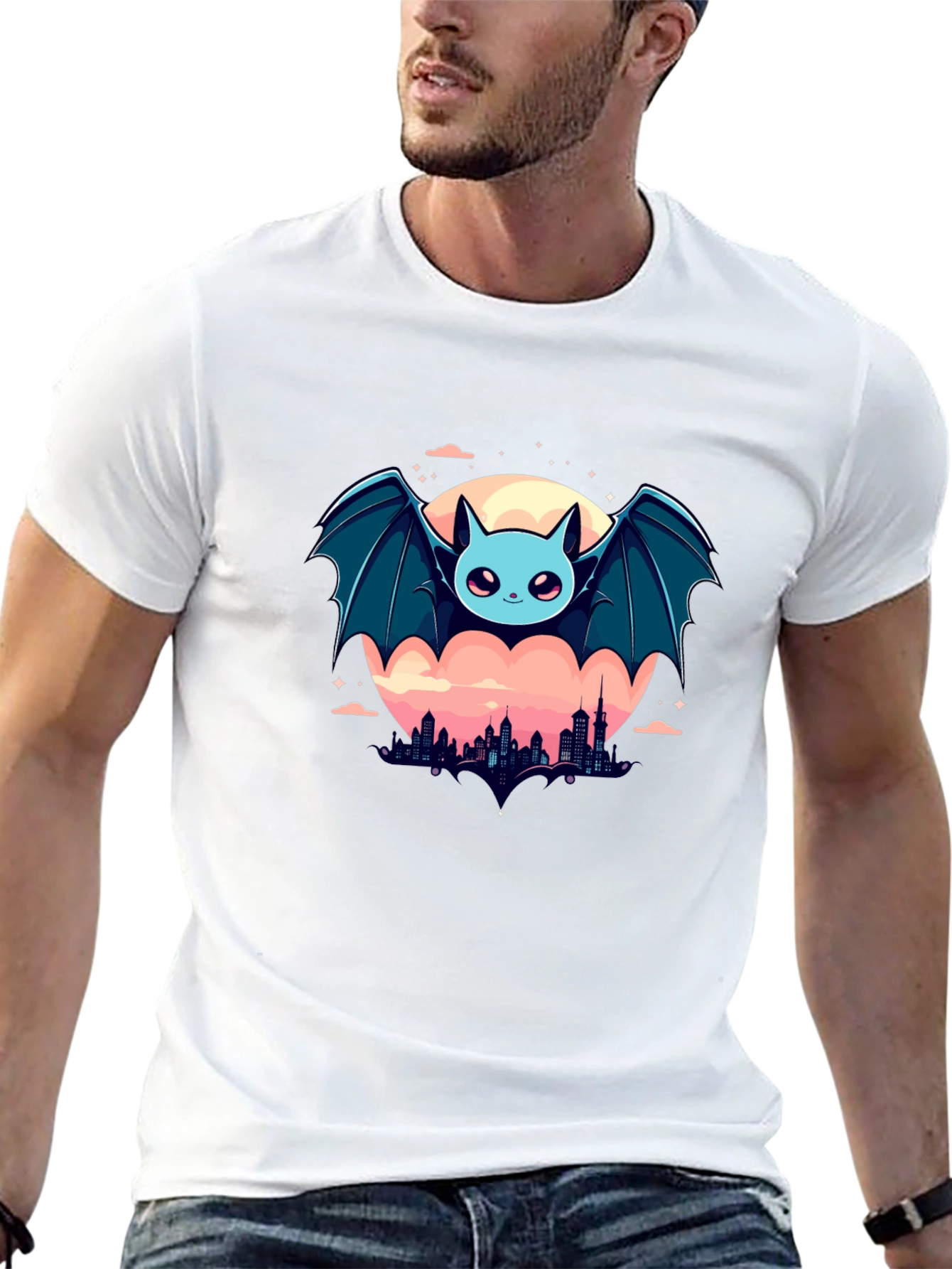 Black Cute Bat Over City Graphic Tee view 13