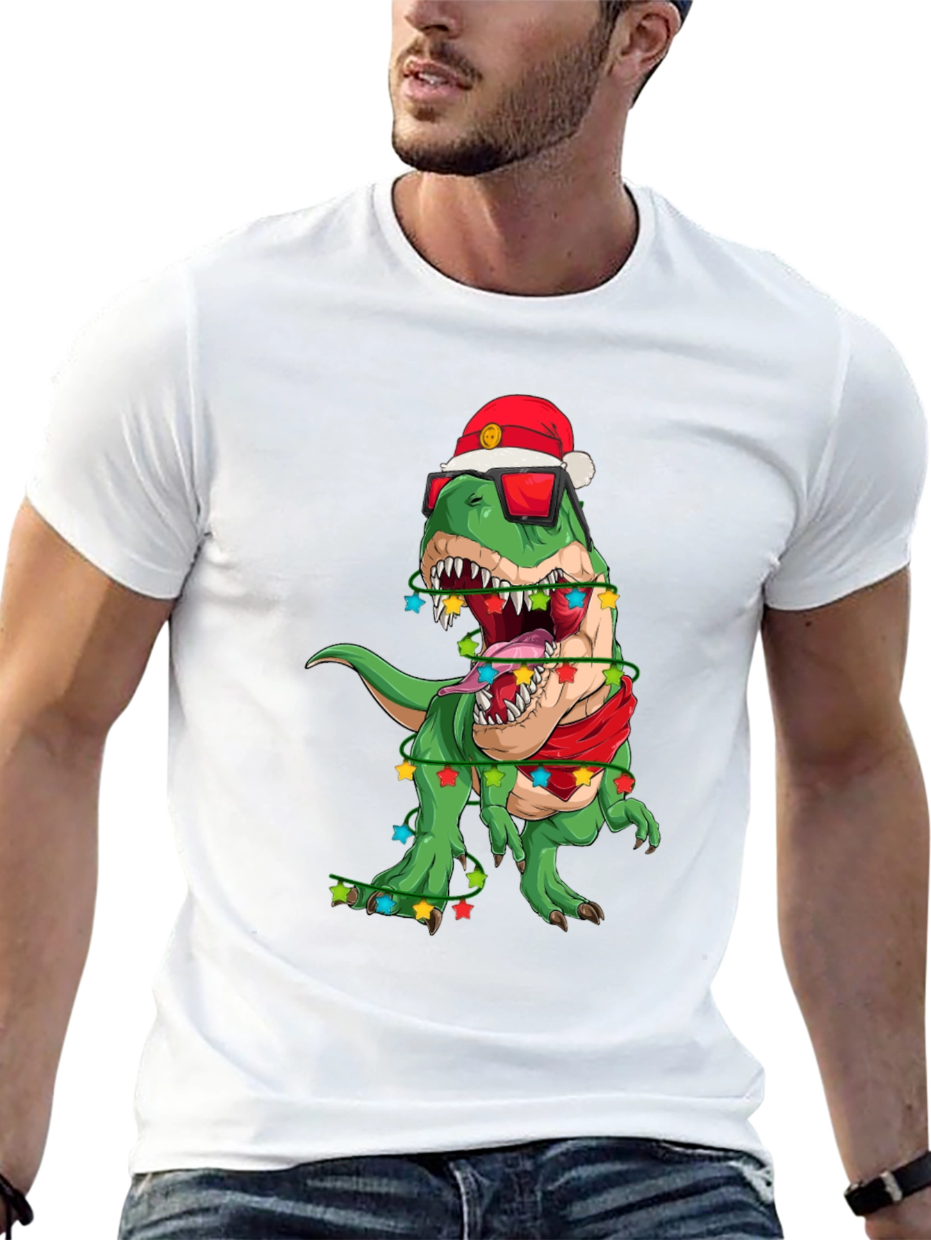 Black Festive Dinosaur T-Shirt: Holiday T-Rex in Santa Hat view 13