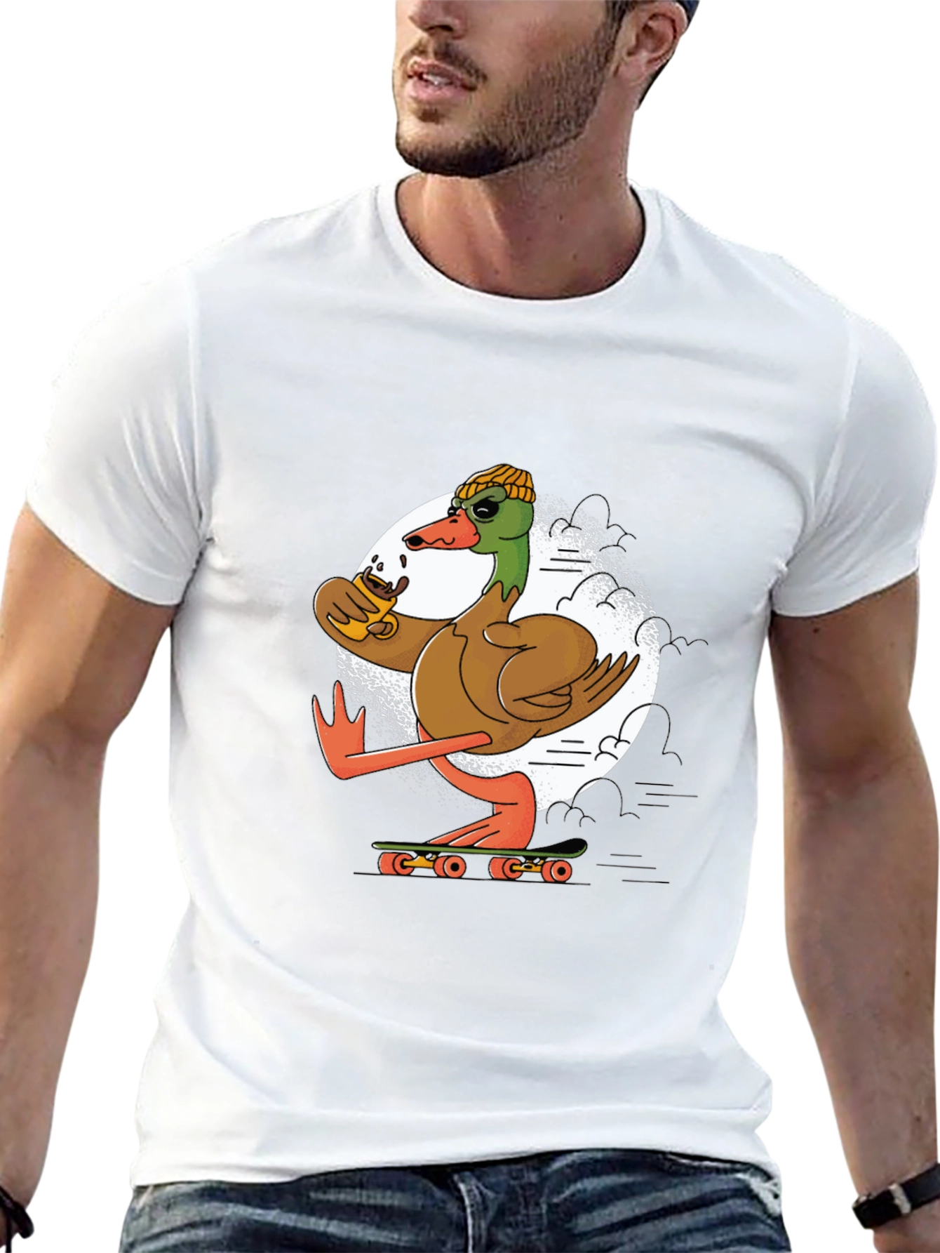 Black Skateboarding Duck T-Shirt: Cool Coffee Drinking Bird view 13