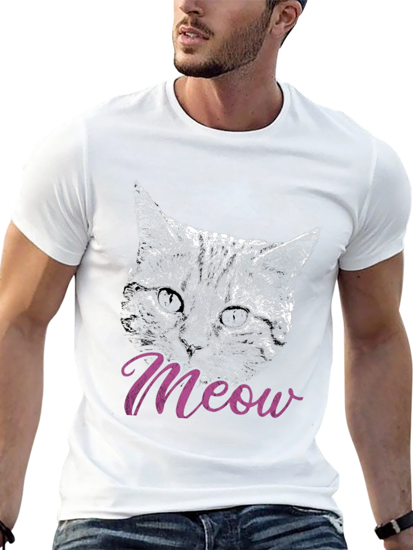 Black Cat Meow T-Shirt, Black, Crew Neck, Casual view 13