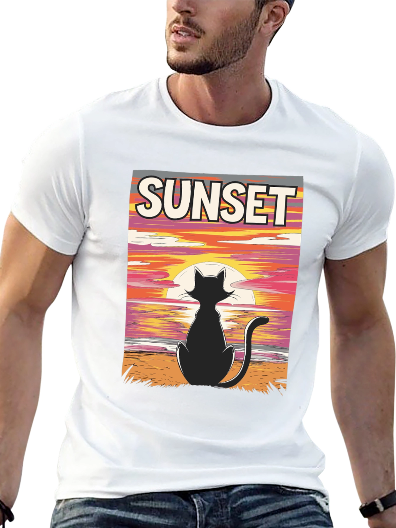 Black Sunset Cat Graphic T-Shirt - Black view 13