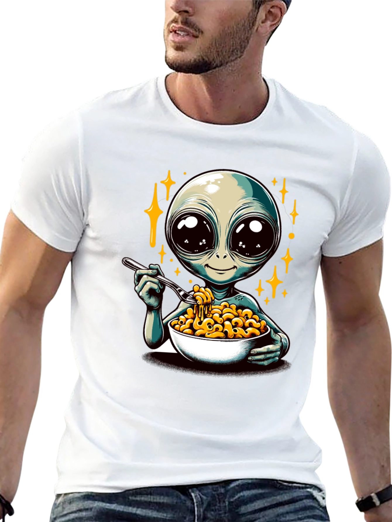 Black Alien Eating Mac & Cheese Graphic T-Shirt view 13