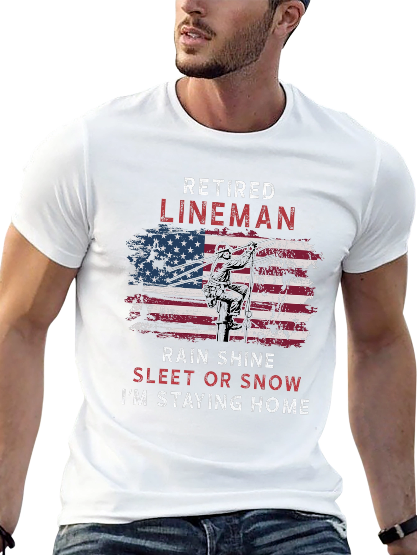 Black Retired Lineman T-Shirt - American Flag Design view 13