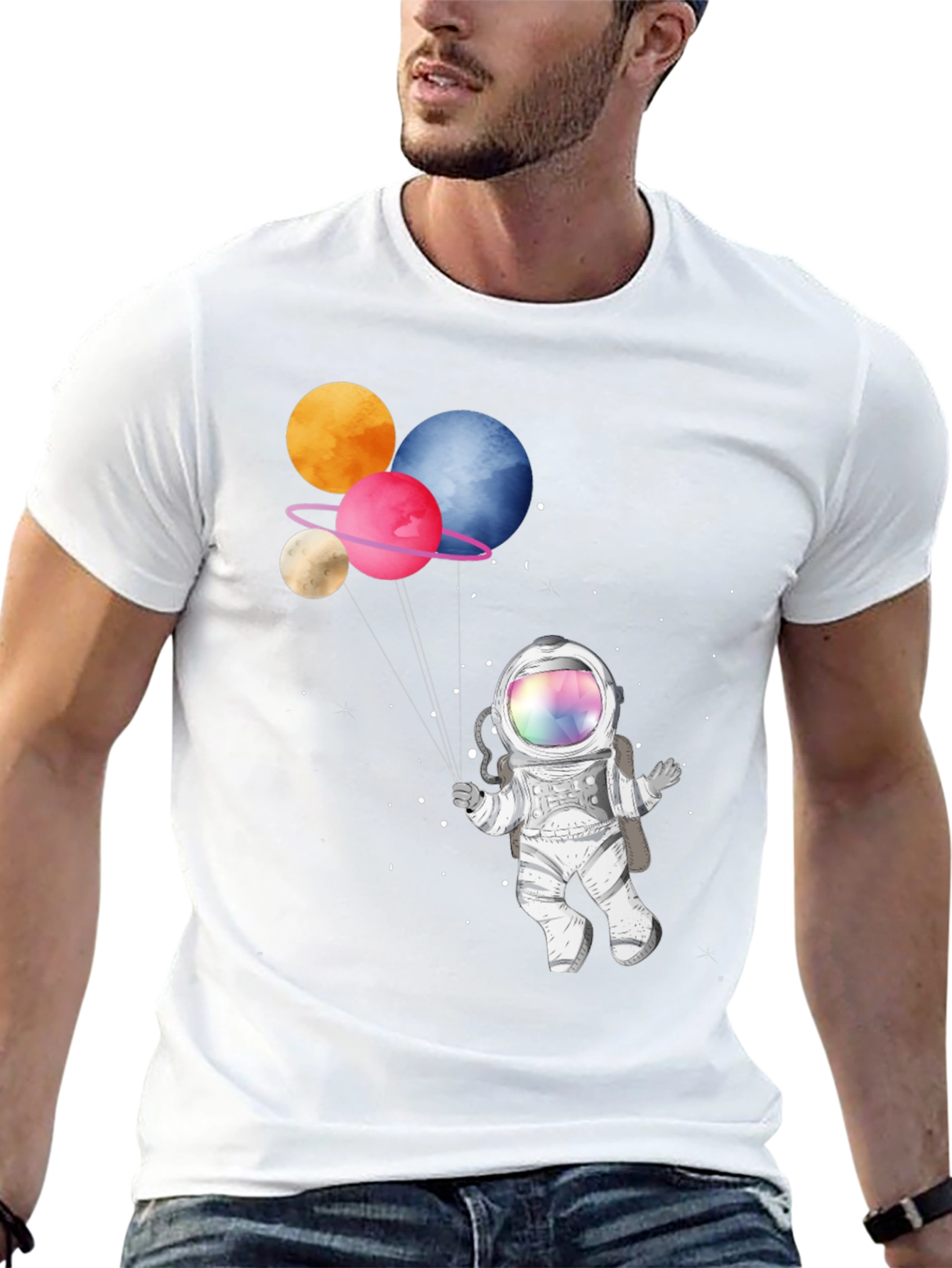 Black Astronaut with Planet Balloons Graphic T-Shirt view 13