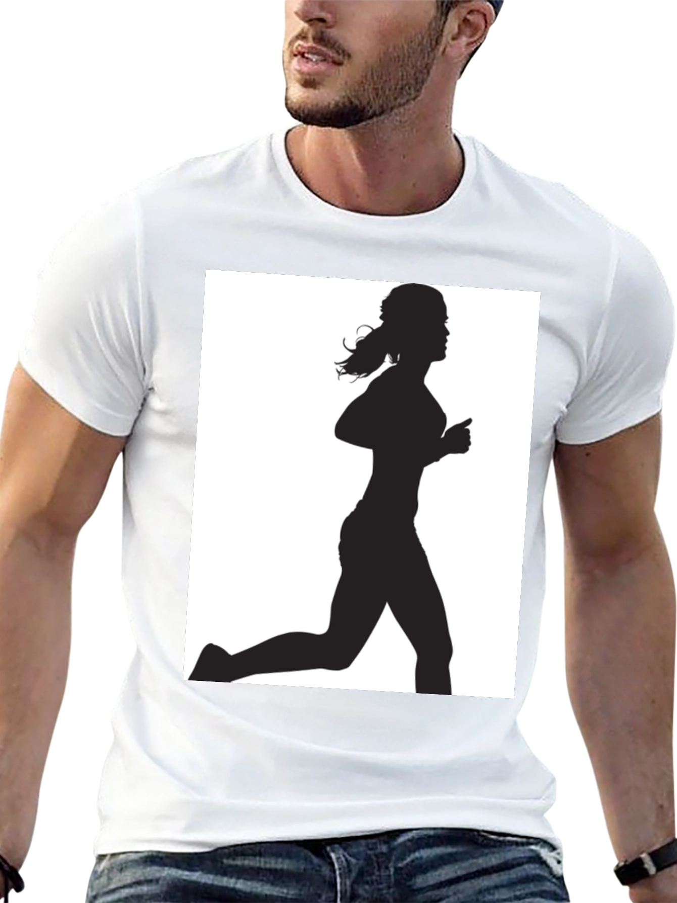 Black Woman Runner Silhouette Graphic Tee - Black Cotton T-Shirt view 13