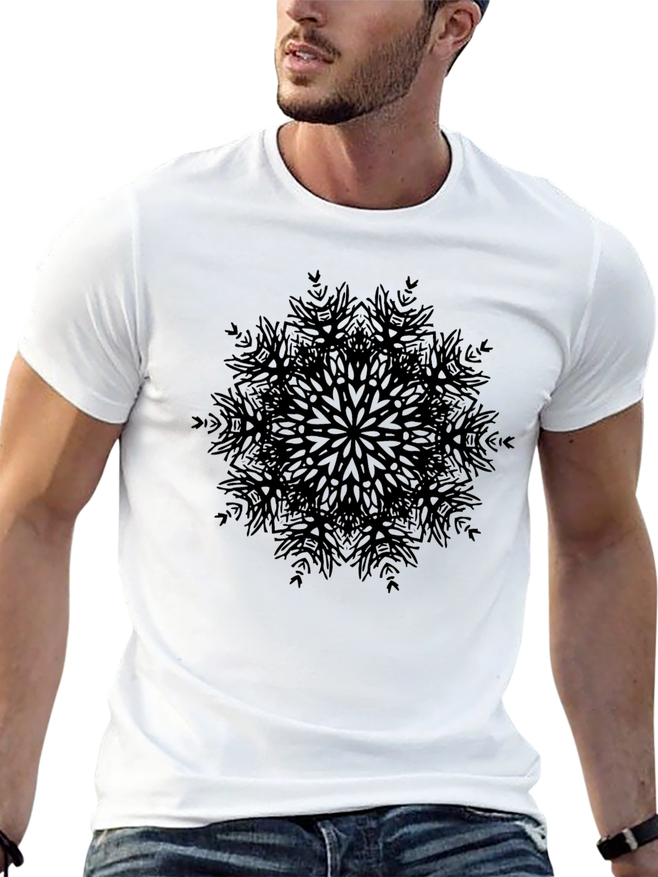 Black Abstract Mandala Print Black T-Shirt view 13