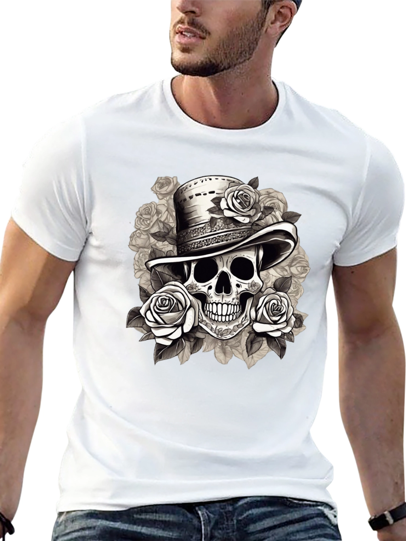Black Skull & Roses Graphic Tee - Stylish Men's T-Shirt view 13