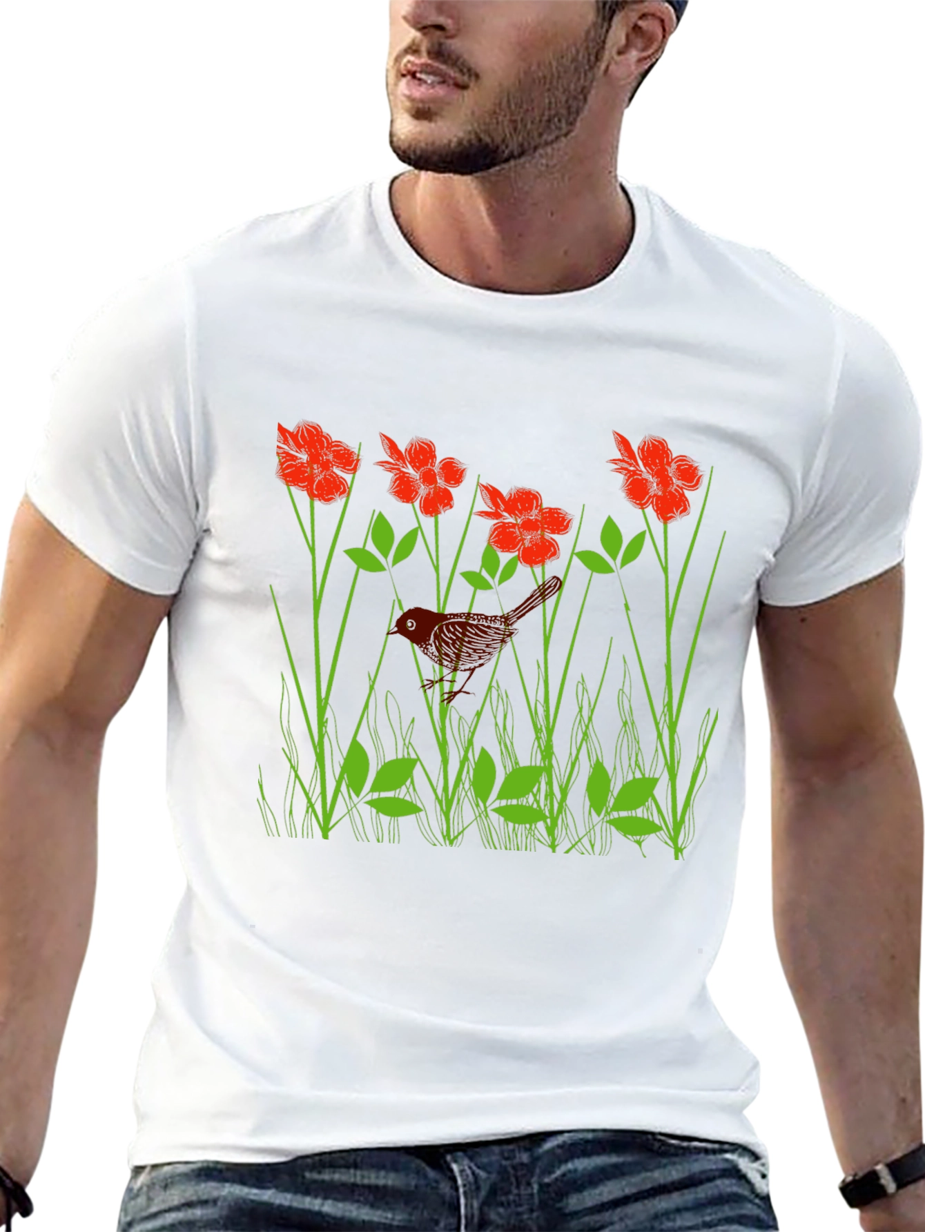 Black Bird in Flower Meadow Graphic Black T-Shirt view 13