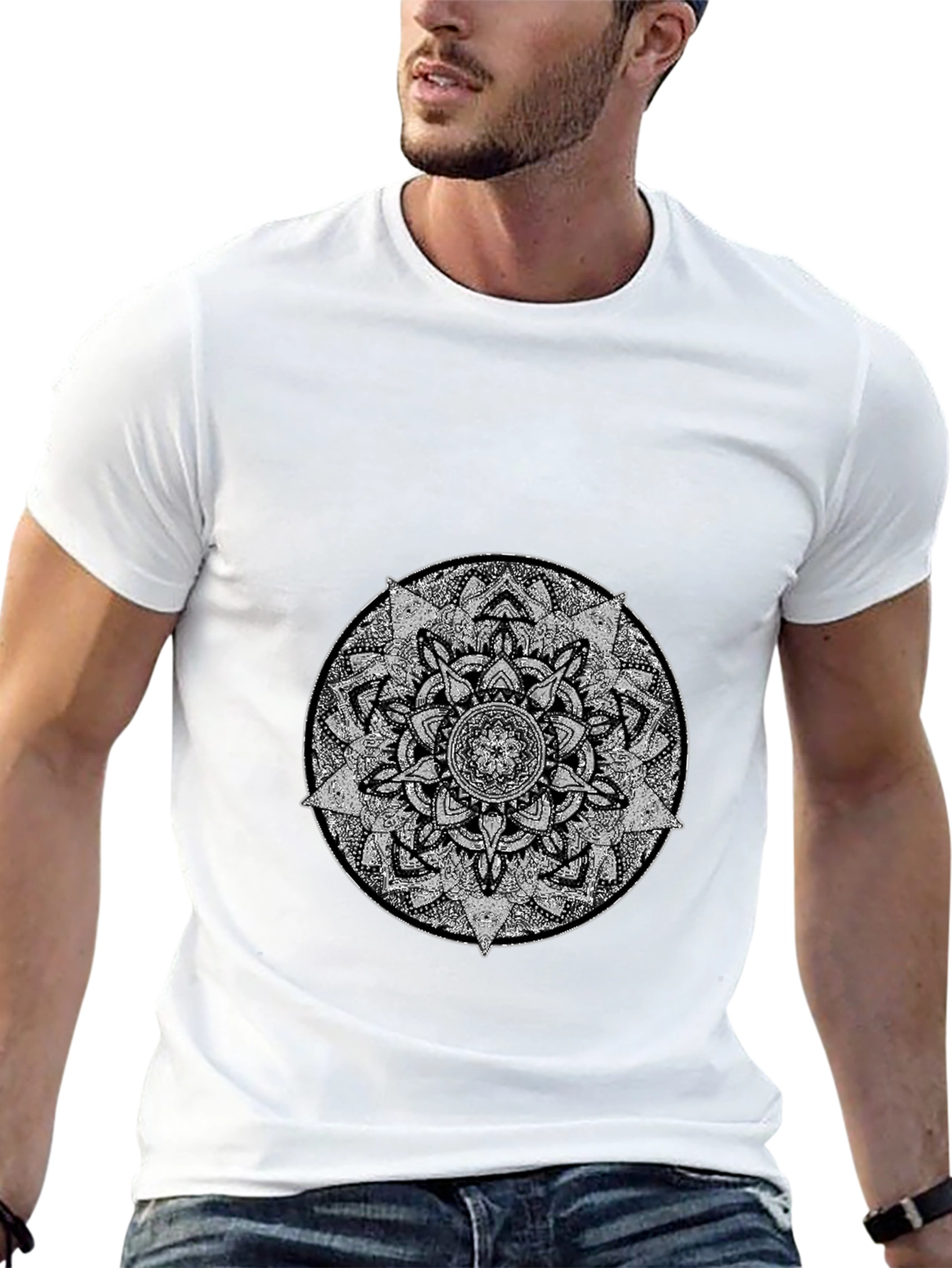 Men's Black T-Shirt with Mandala Graphic - 13