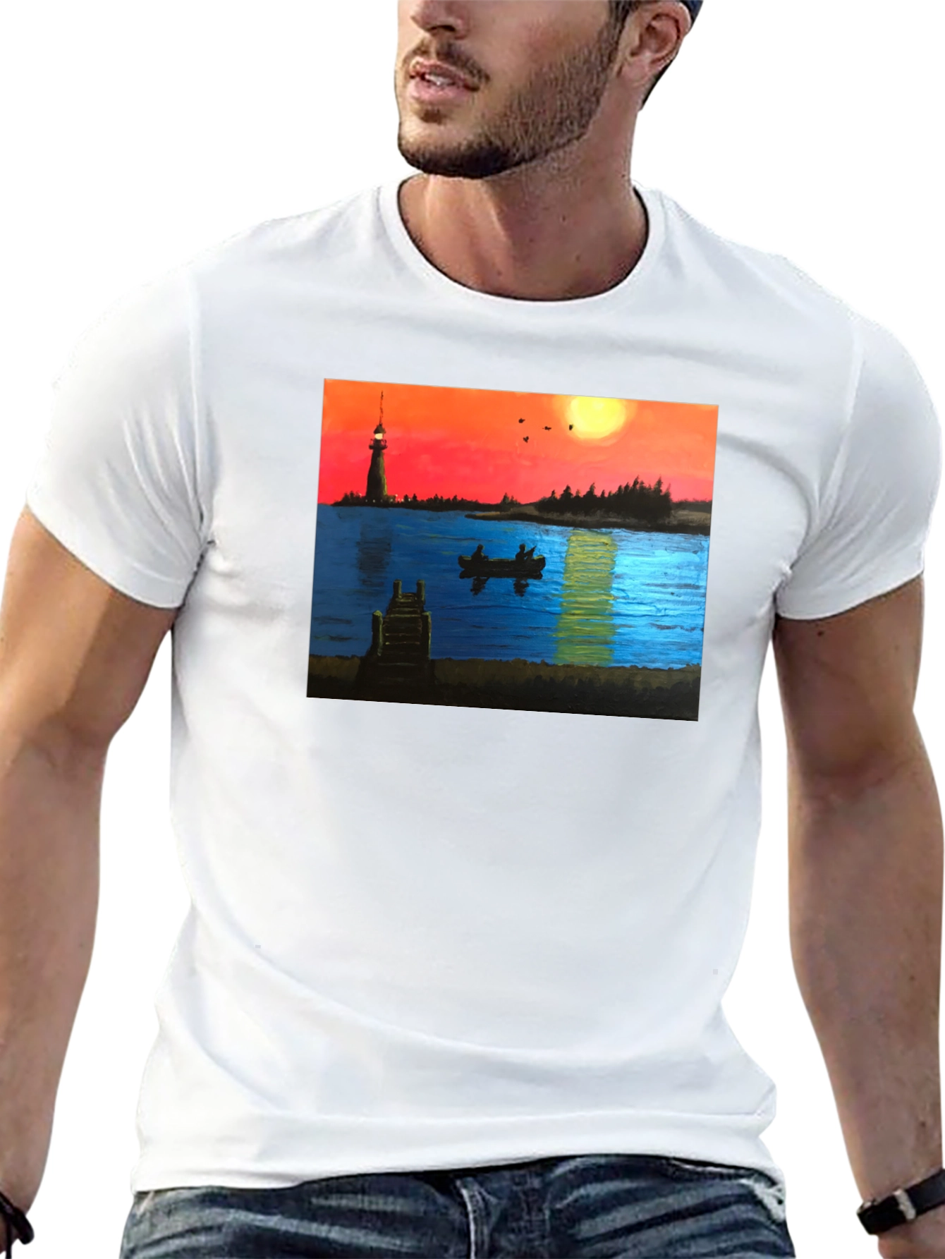 Black Lighthouse Lake Sunset T-Shirt view 13