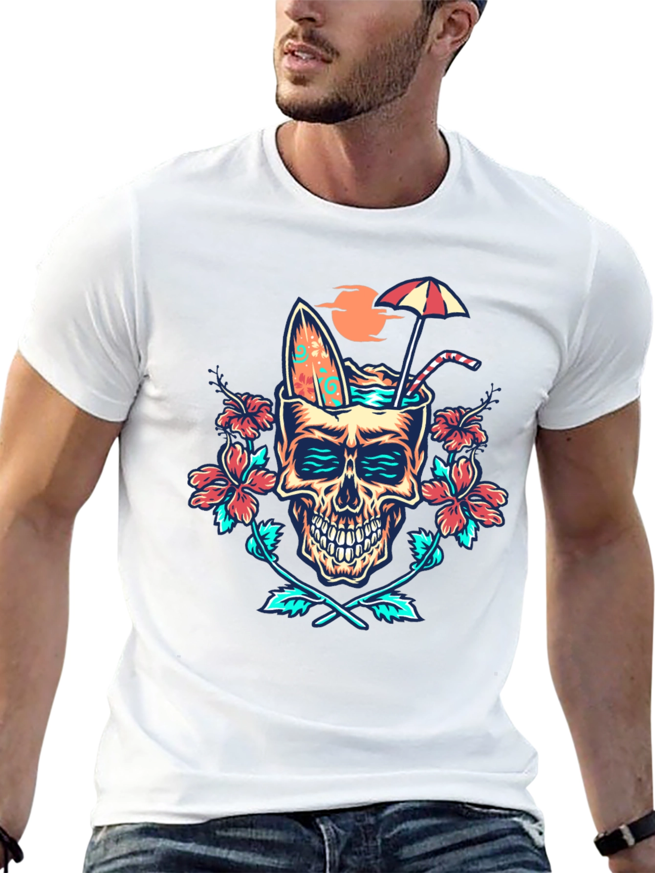 Black Tropical Skull Graphic T-Shirt - Beach Vibes! view 13
